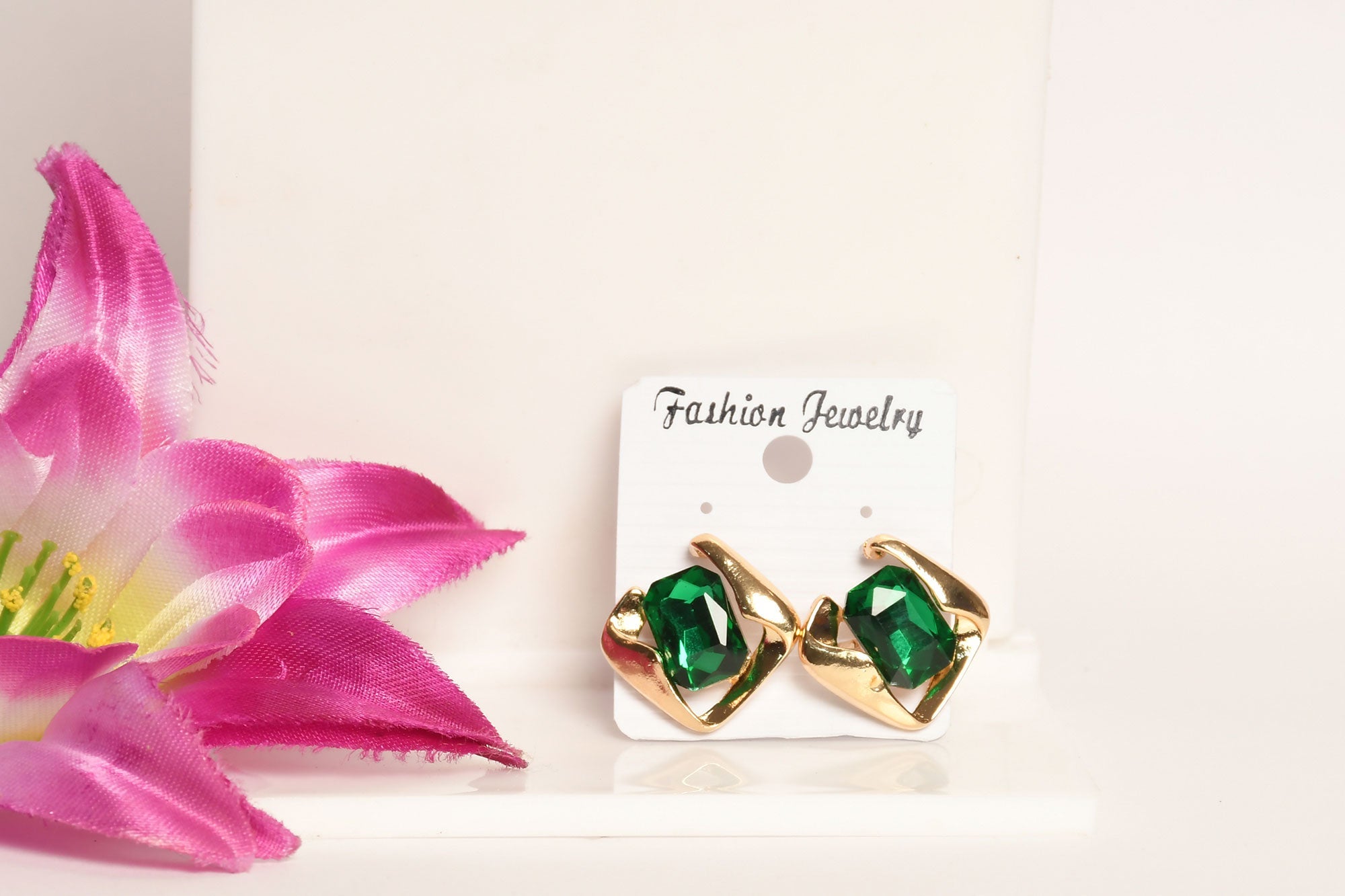 Green Emerald Cut Colour Stone Gold Studs - Freyaa