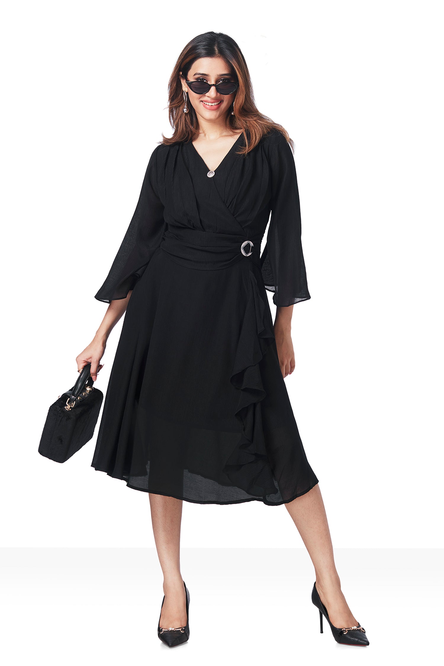 Black Georgette V Neck Attached Side Broach Belt Tunics