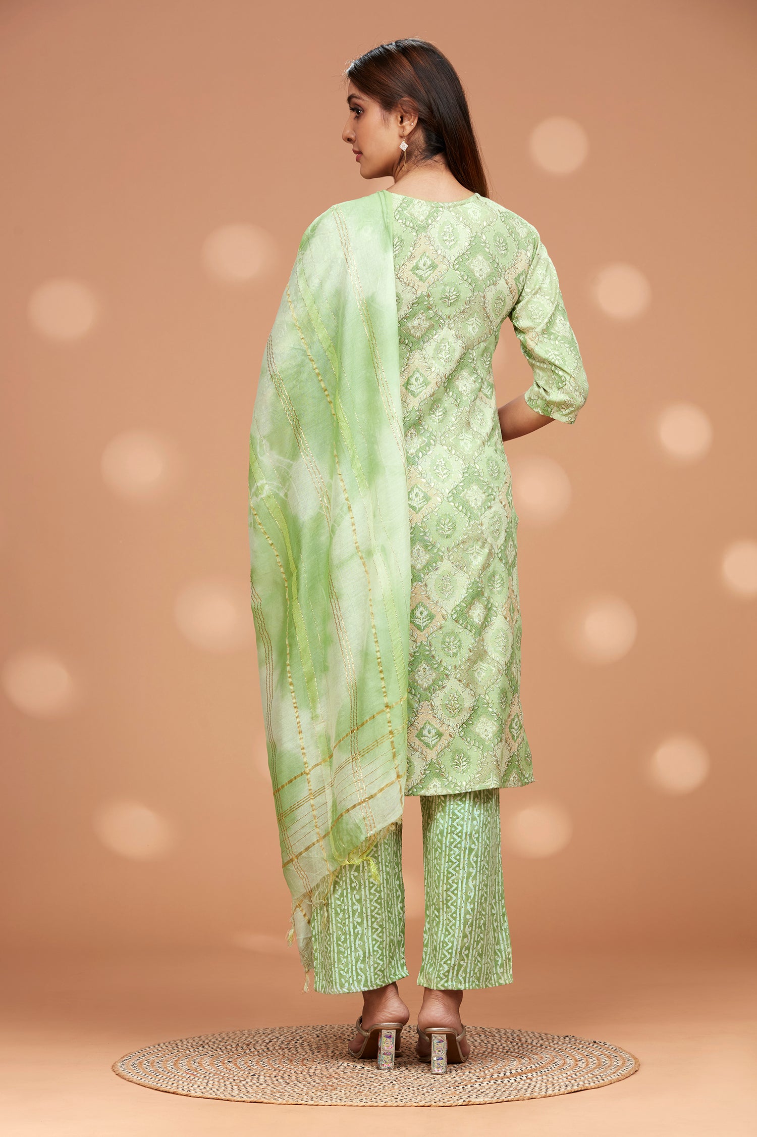 Printed Straight fit Embroidered Kurta with Palazzo Pant & Tie-die Duppatta - Light Green