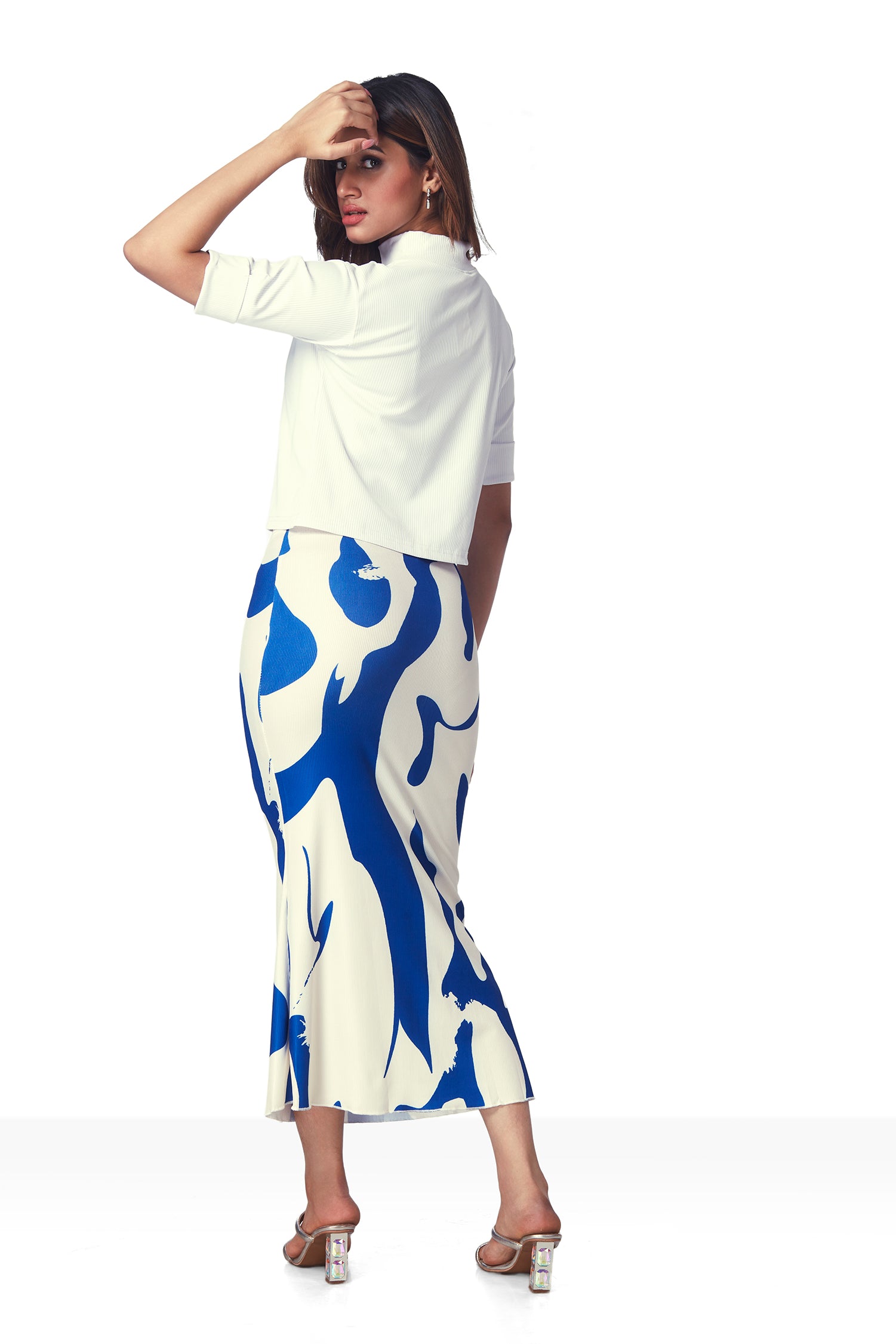 Geometric Print Pencil Skirt - Blue