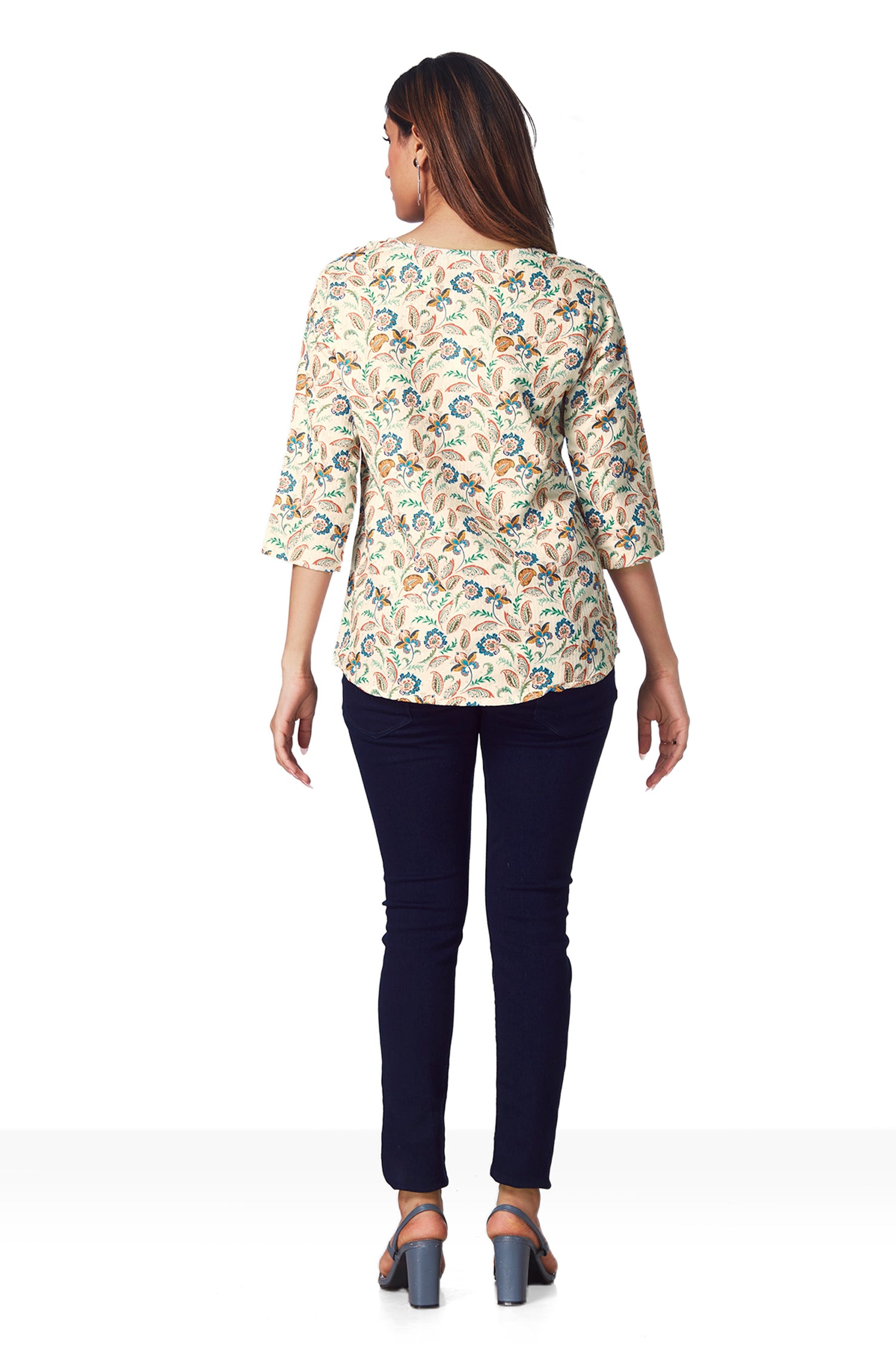 Causal Beige Floral Printed Top