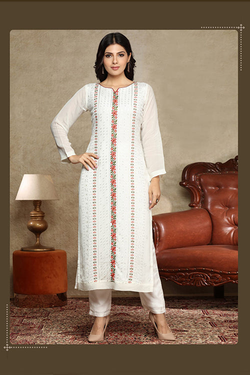 White Embroidered Long Kurti - Freyaa