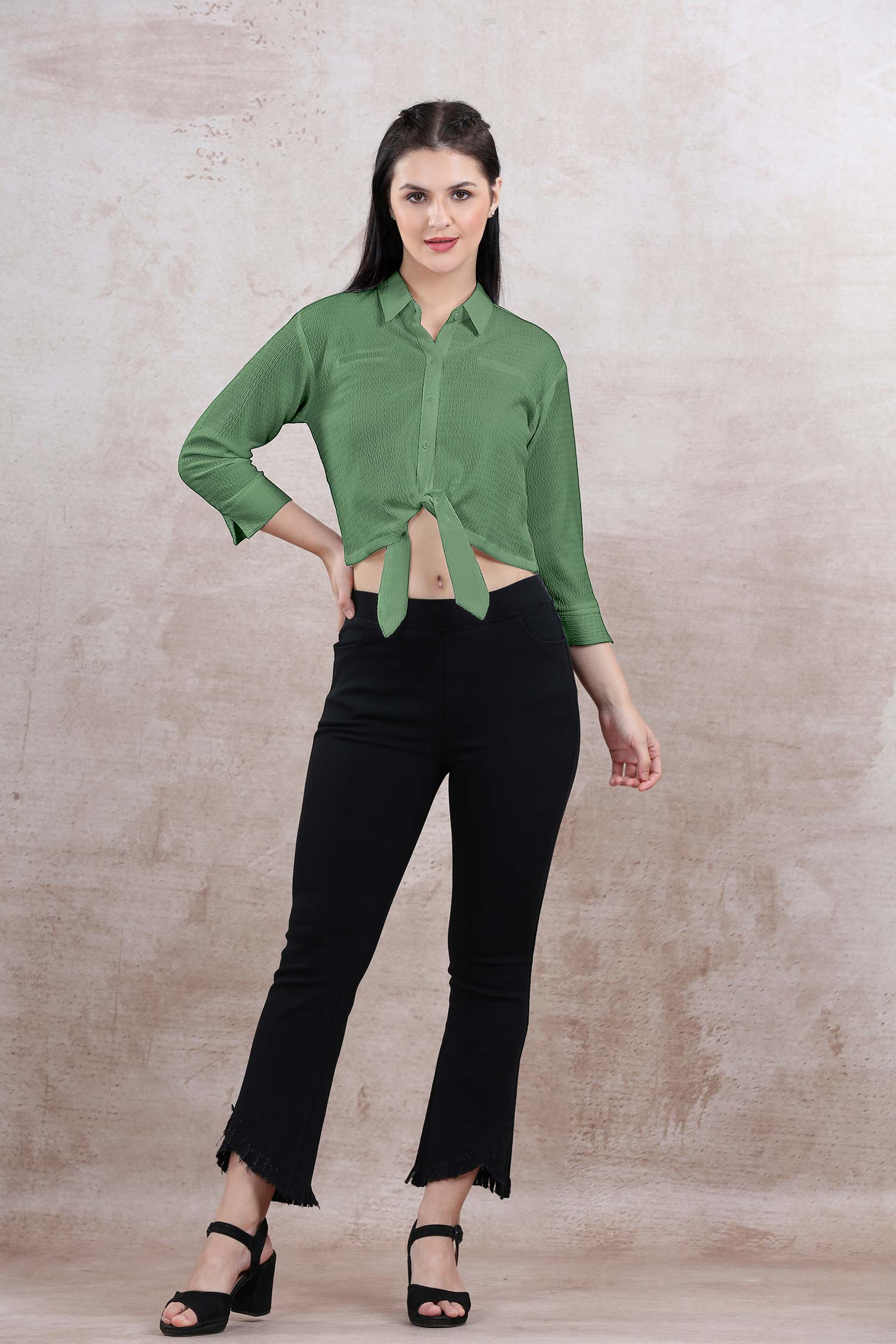 Green Casual Front Knot Top  - Freyaa