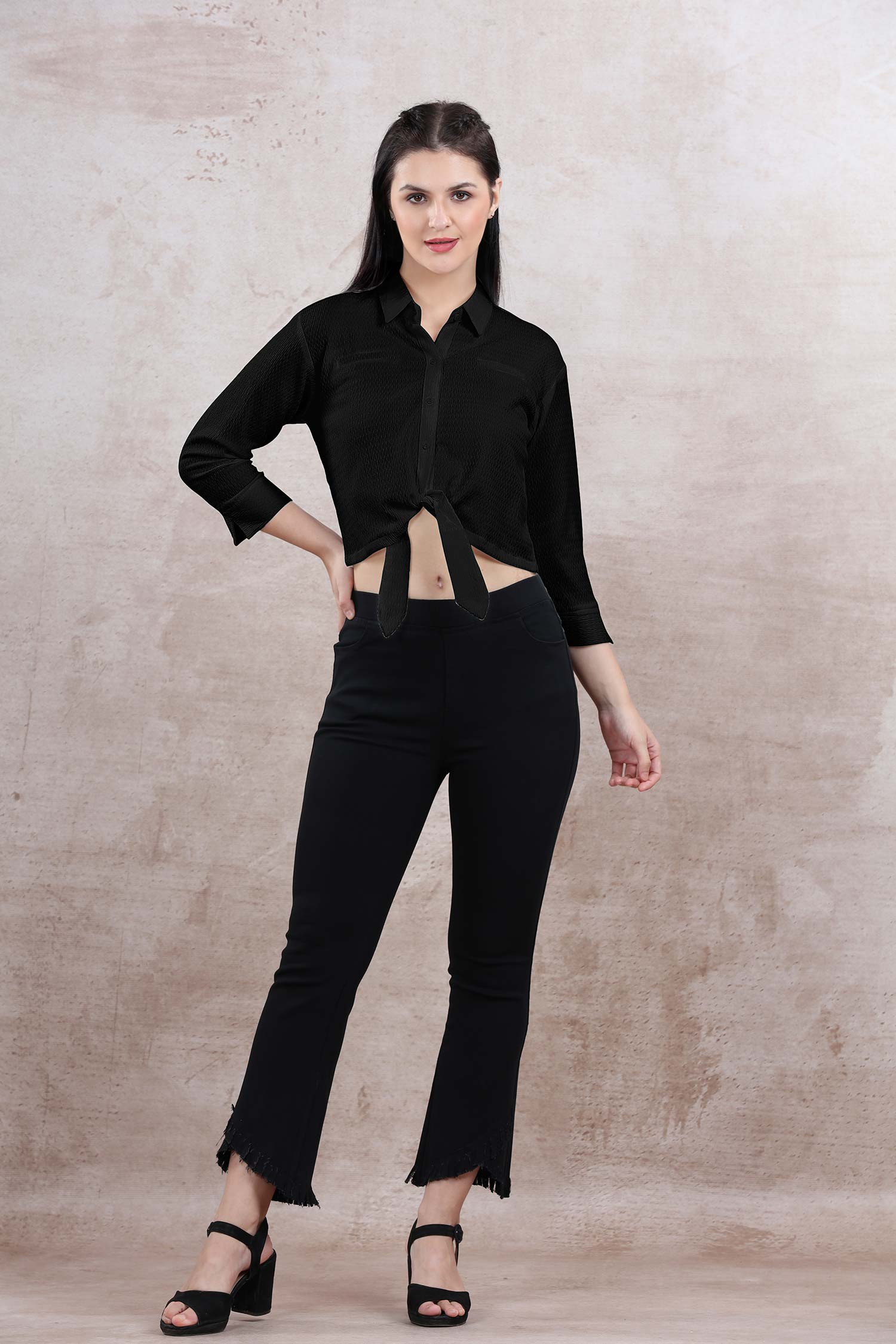 Black Casual Front Knot Top  - Freyaa