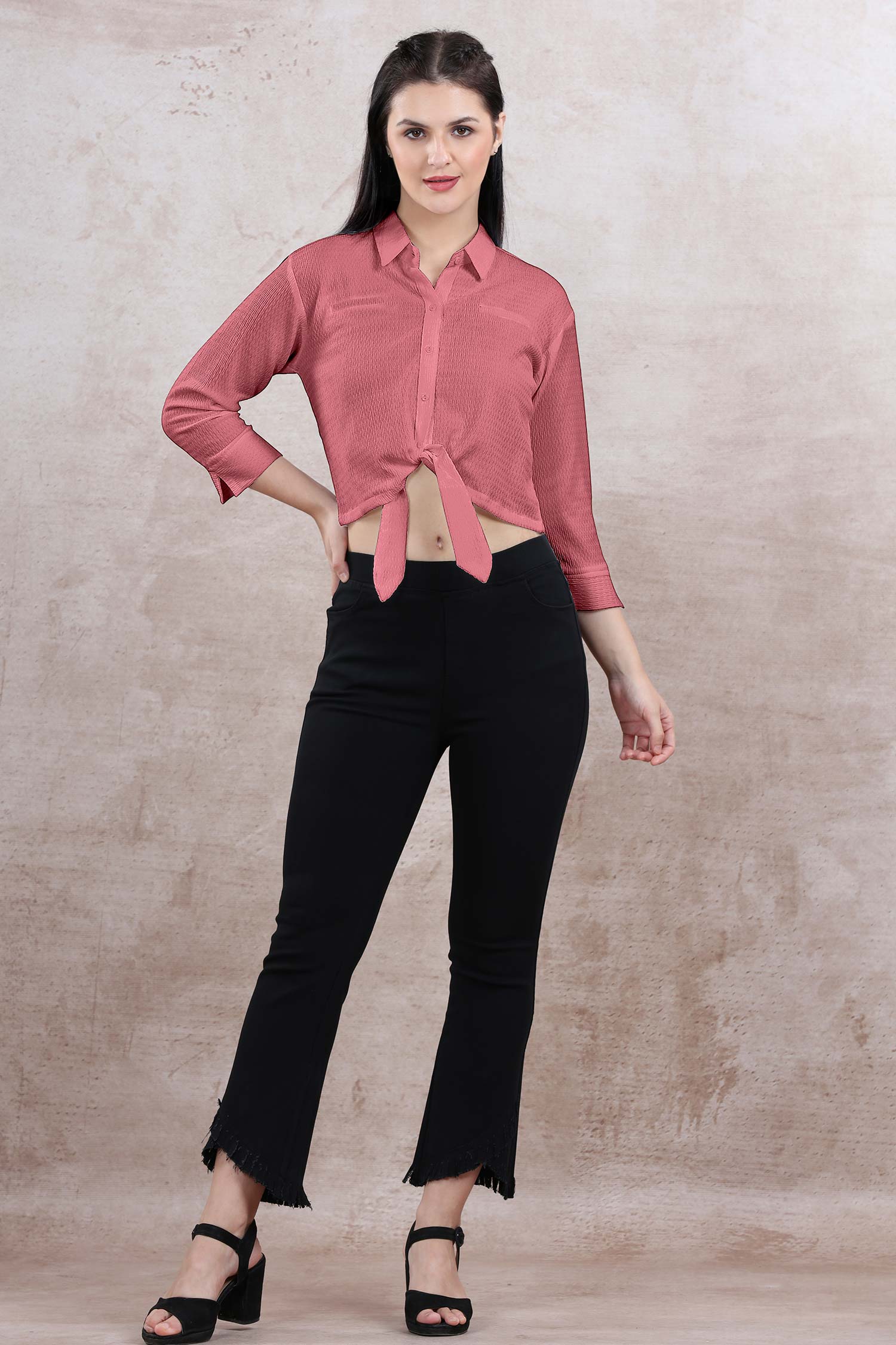 Dark Pink Casual Front Knot Top  - Freyaa