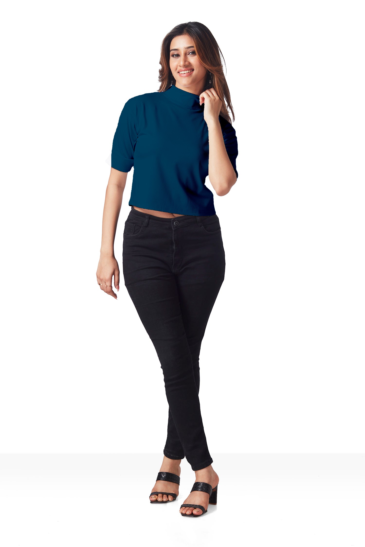 Casual Polo Neck Crop T-shirts - Blue