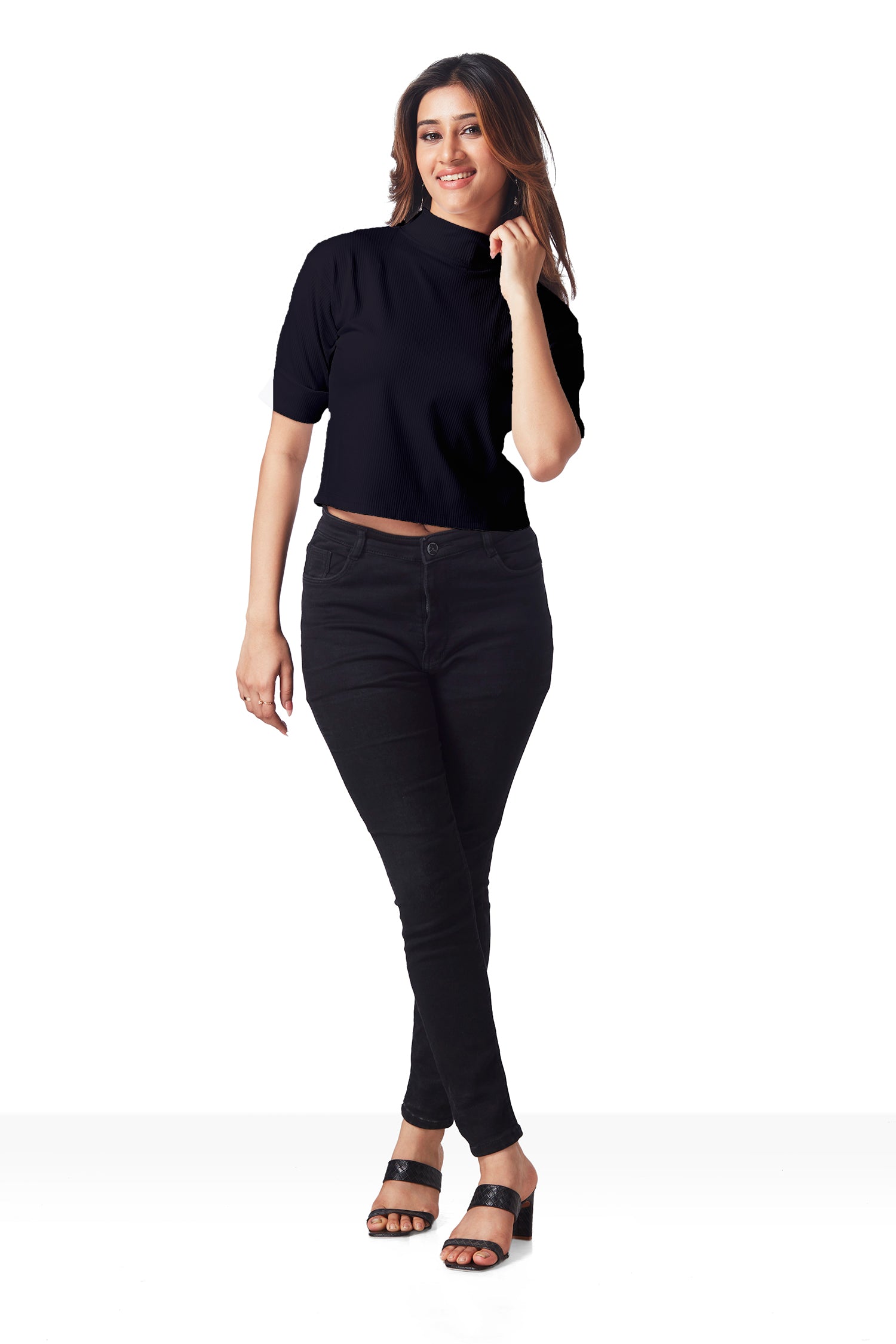 Casual Polo Neck Crop T-shirts - Black