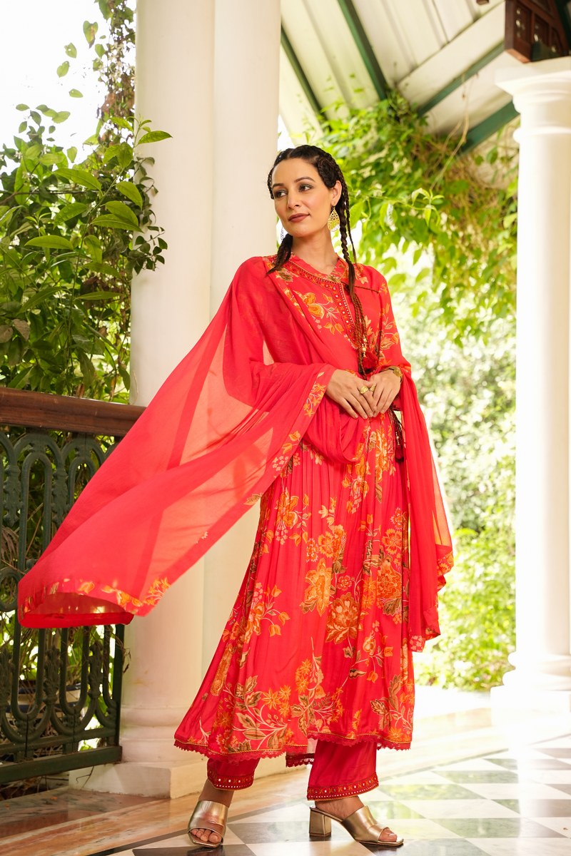 Red Anarkali Kurta Set 2 - Freyaa