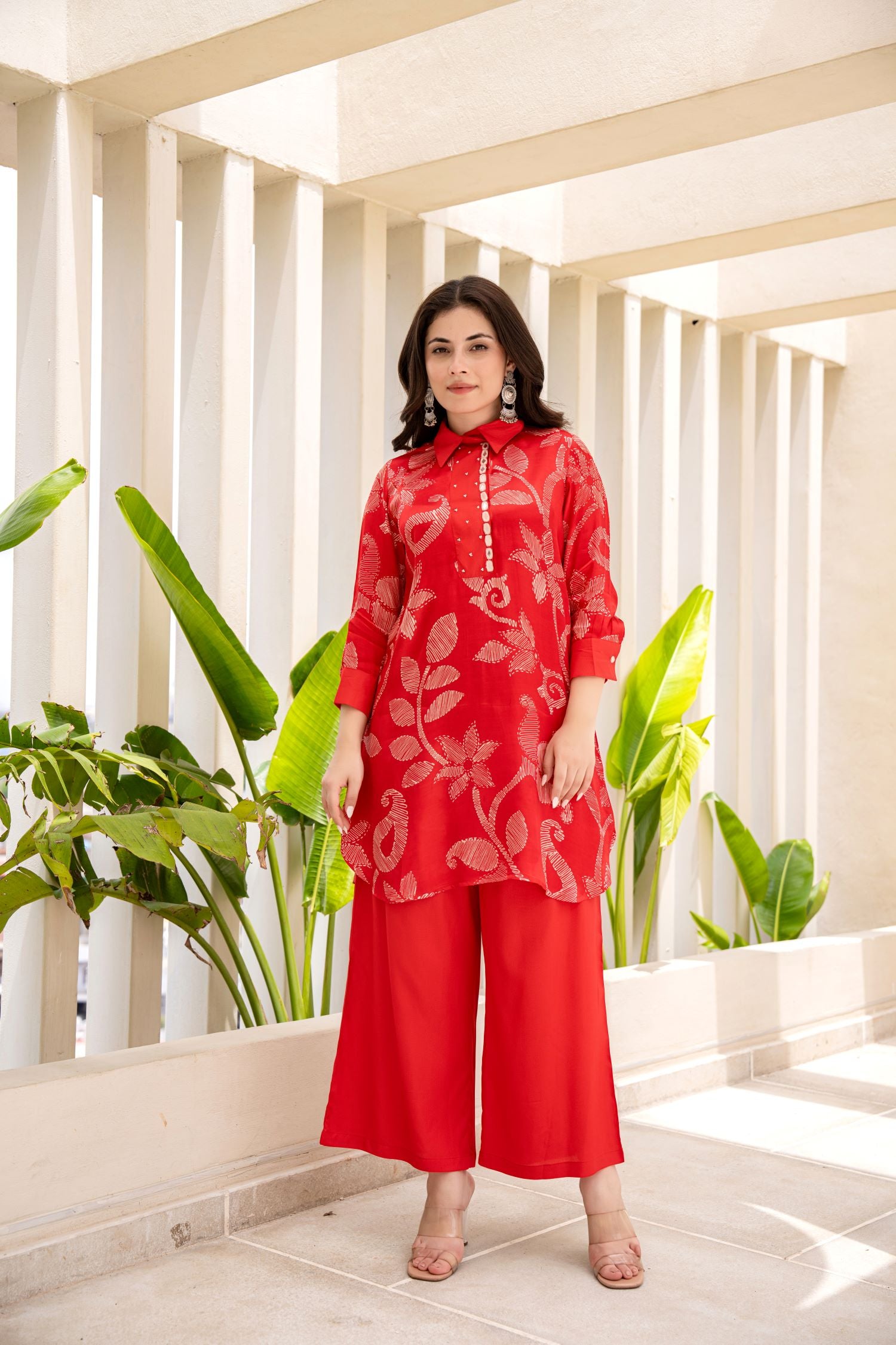 EMBROIDERED RED FLORAL STRAIGHT KURTA CORD SET