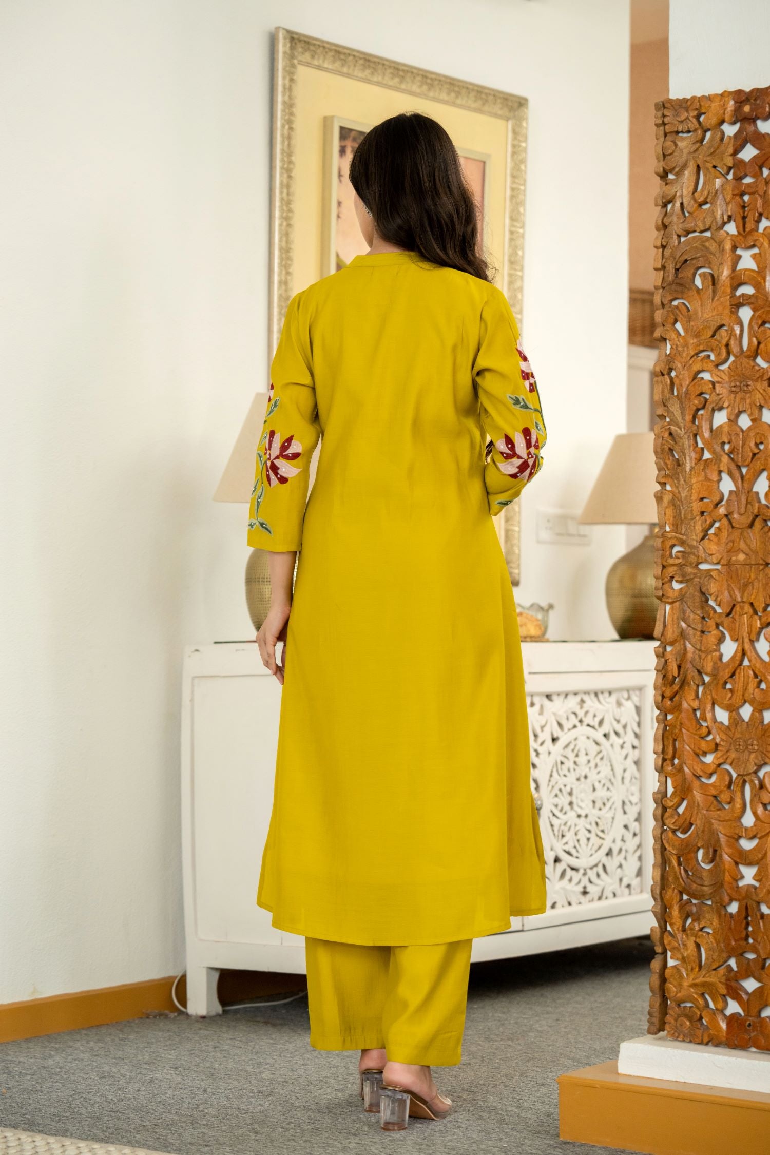 MUSTARD  FLORAL  EMBROIDERED MANDARIN COLLAR CO-ORD SET.