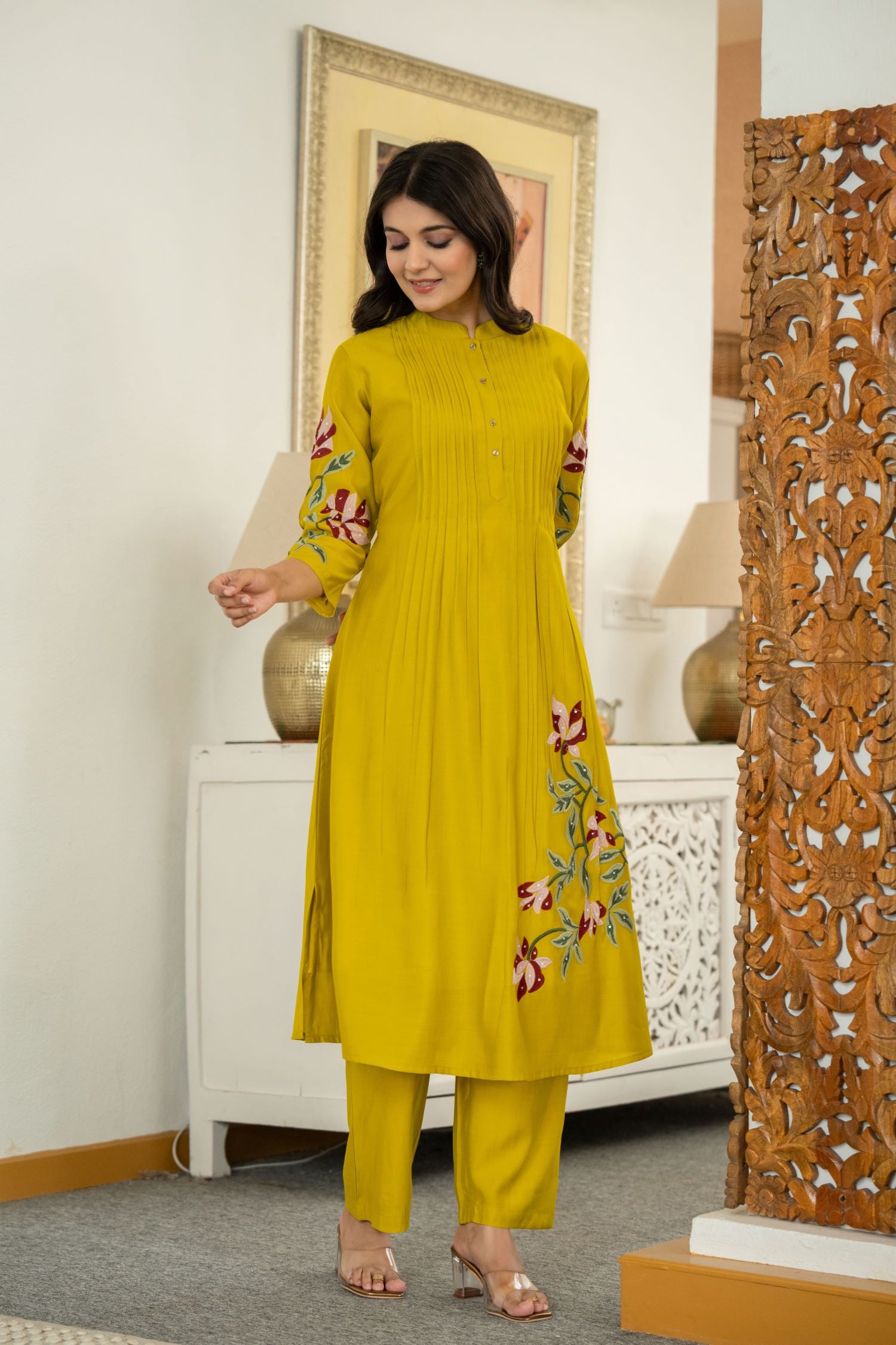 MUSTARD  FLORAL  EMBROIDERED MANDARIN COLLAR CO-ORD SET.