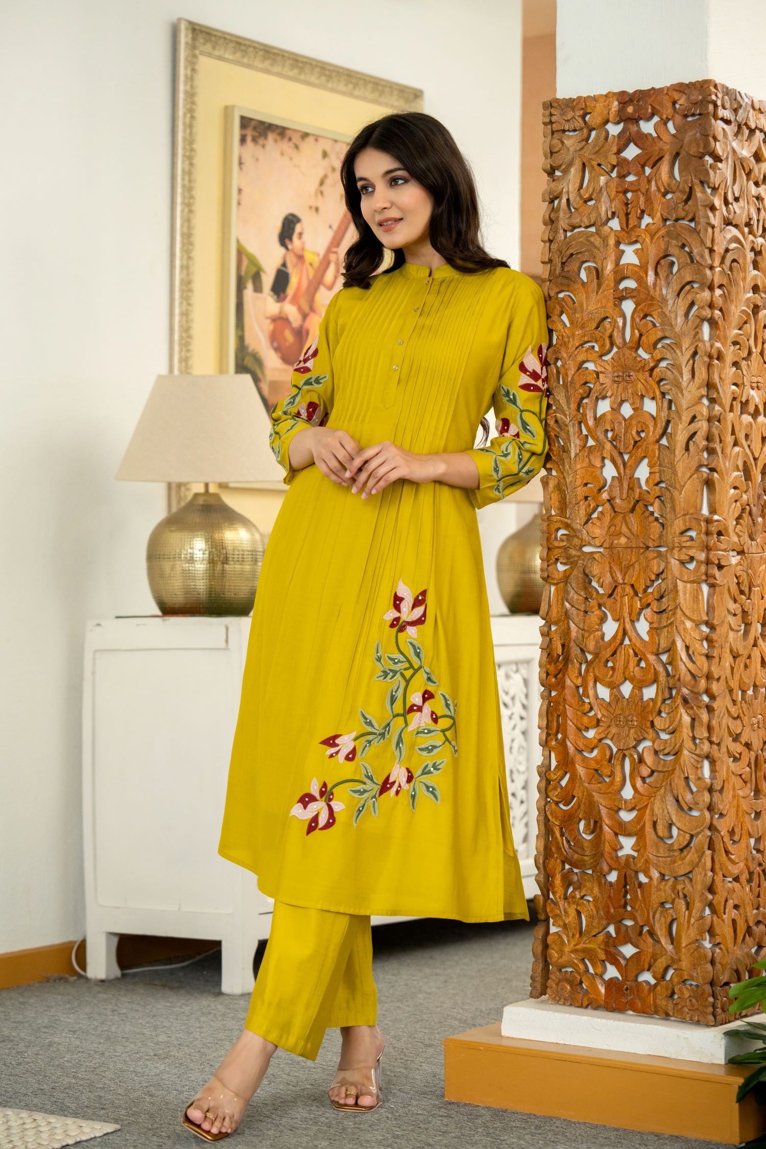 MUSTARD  FLORAL  EMBROIDERED MANDARIN COLLAR CO-ORD SET.