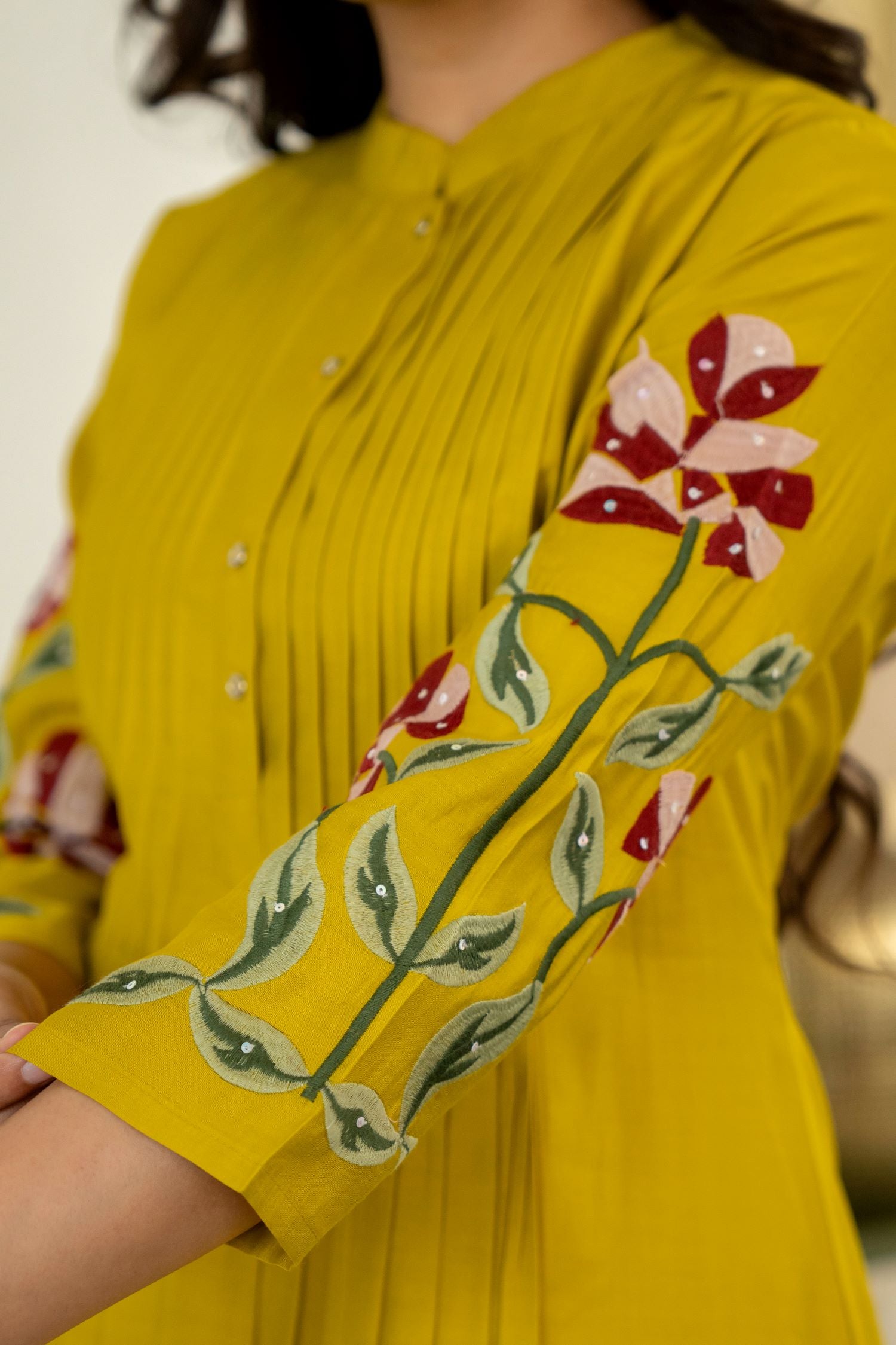 MUSTARD  FLORAL  EMBROIDERED MANDARIN COLLAR CO-ORD SET.