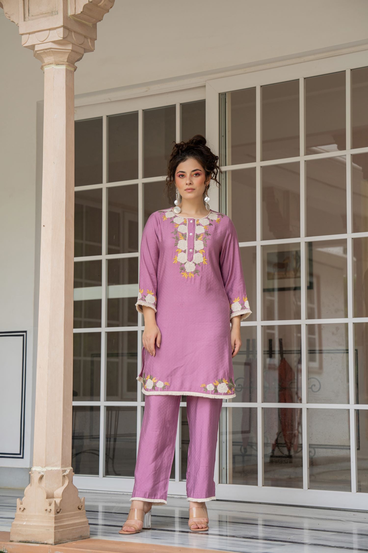 BOLD LILAC PINK FLORAL EMBROIDERED ROMAN SILK STRAIGHT KURTA CORD SET