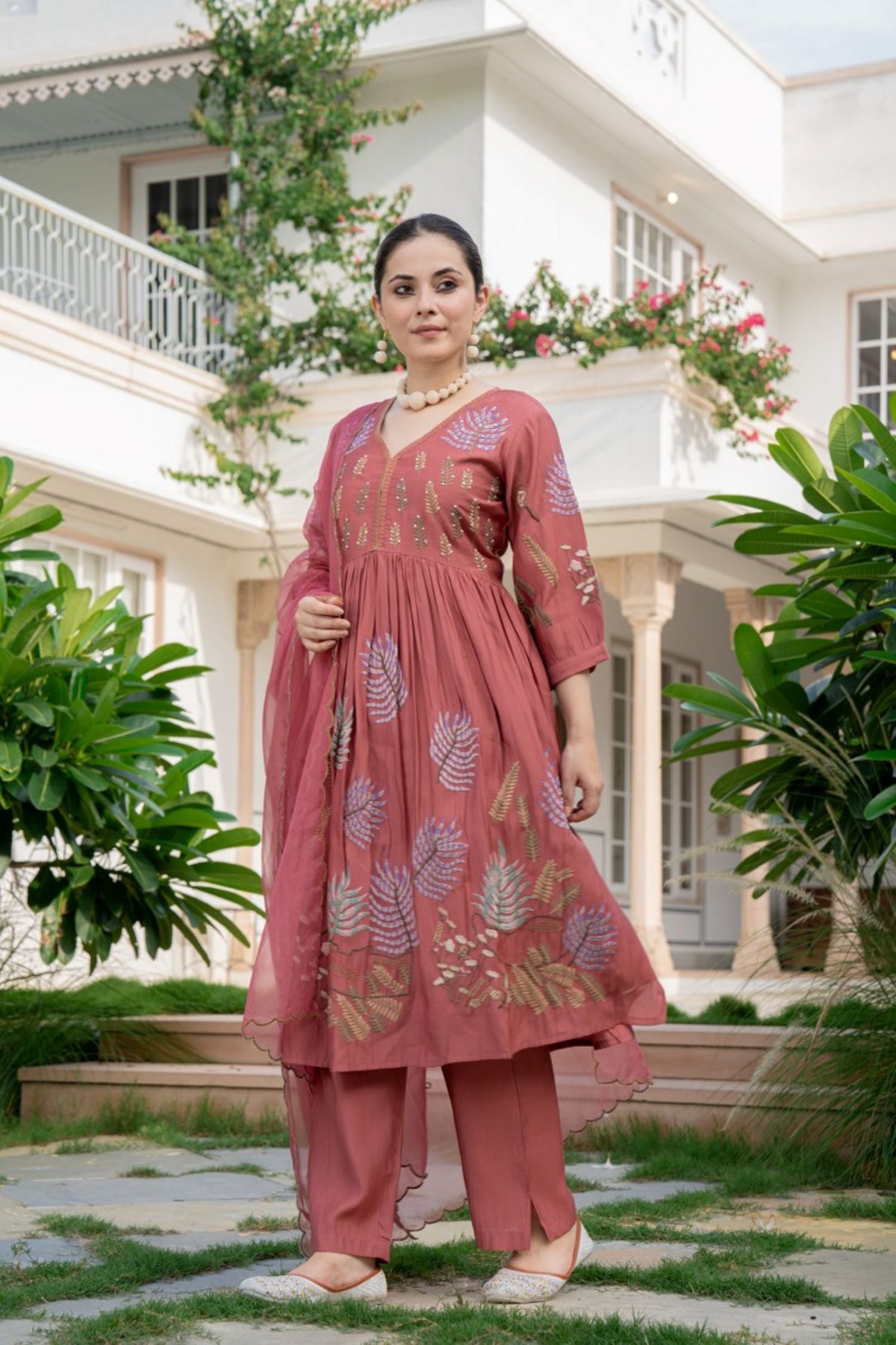 ROSE PINK FLORAL EMBROIDERED STRAIGHT KURTA SUIT WITH DUPATTA