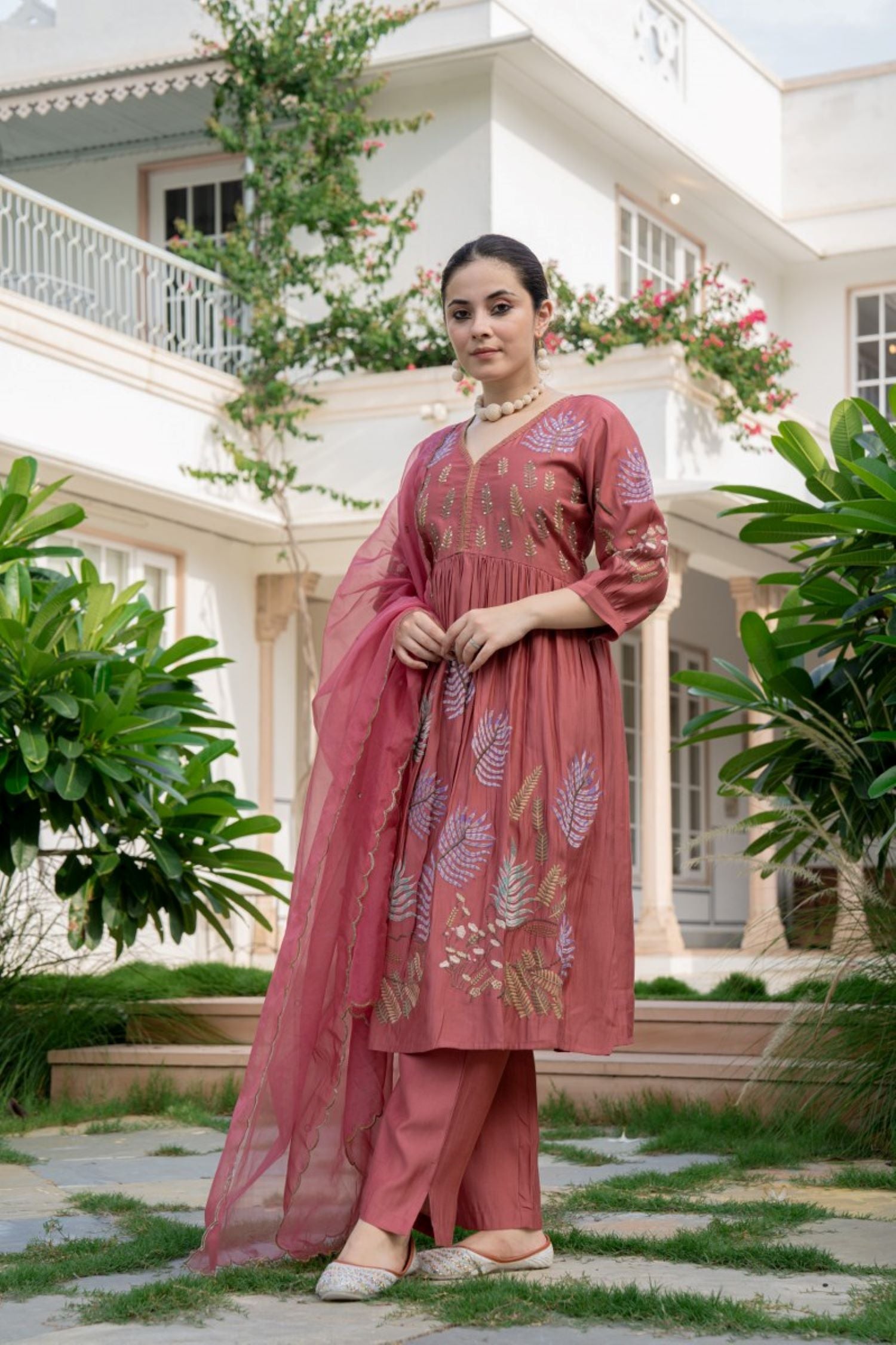 ROSE PINK FLORAL EMBROIDERED STRAIGHT KURTA SUIT WITH DUPATTA