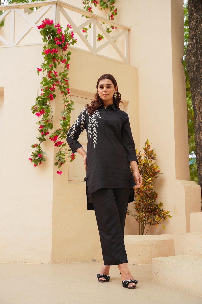 Pure Cotton Embroidered High-Low Tunic & Trouser Cord Set