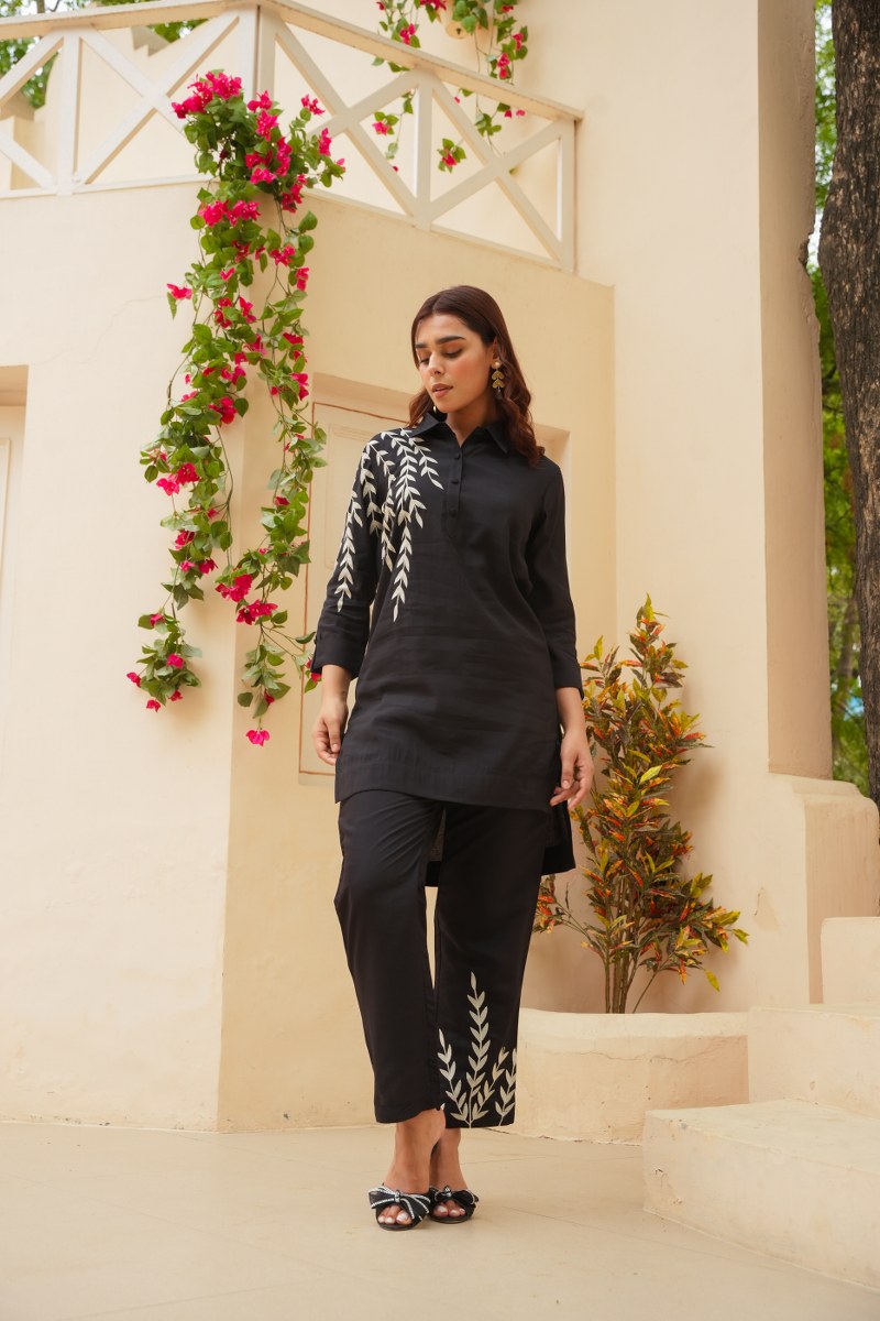 Pure Cotton Embroidered High-Low Tunic & Trouser Cord Set