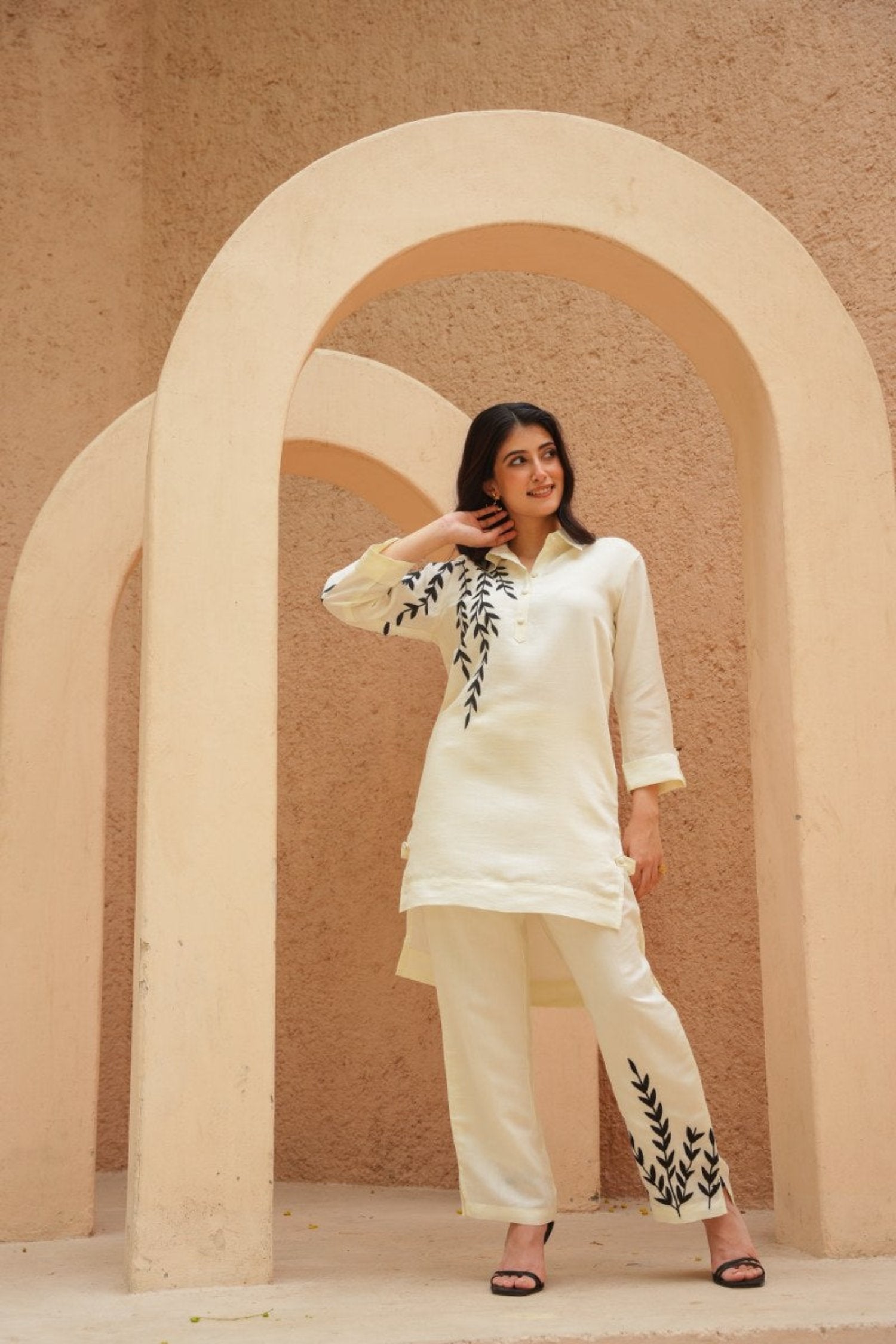 Pure Cotton Embroidered High-Low Tunic & Trouser Cord Set