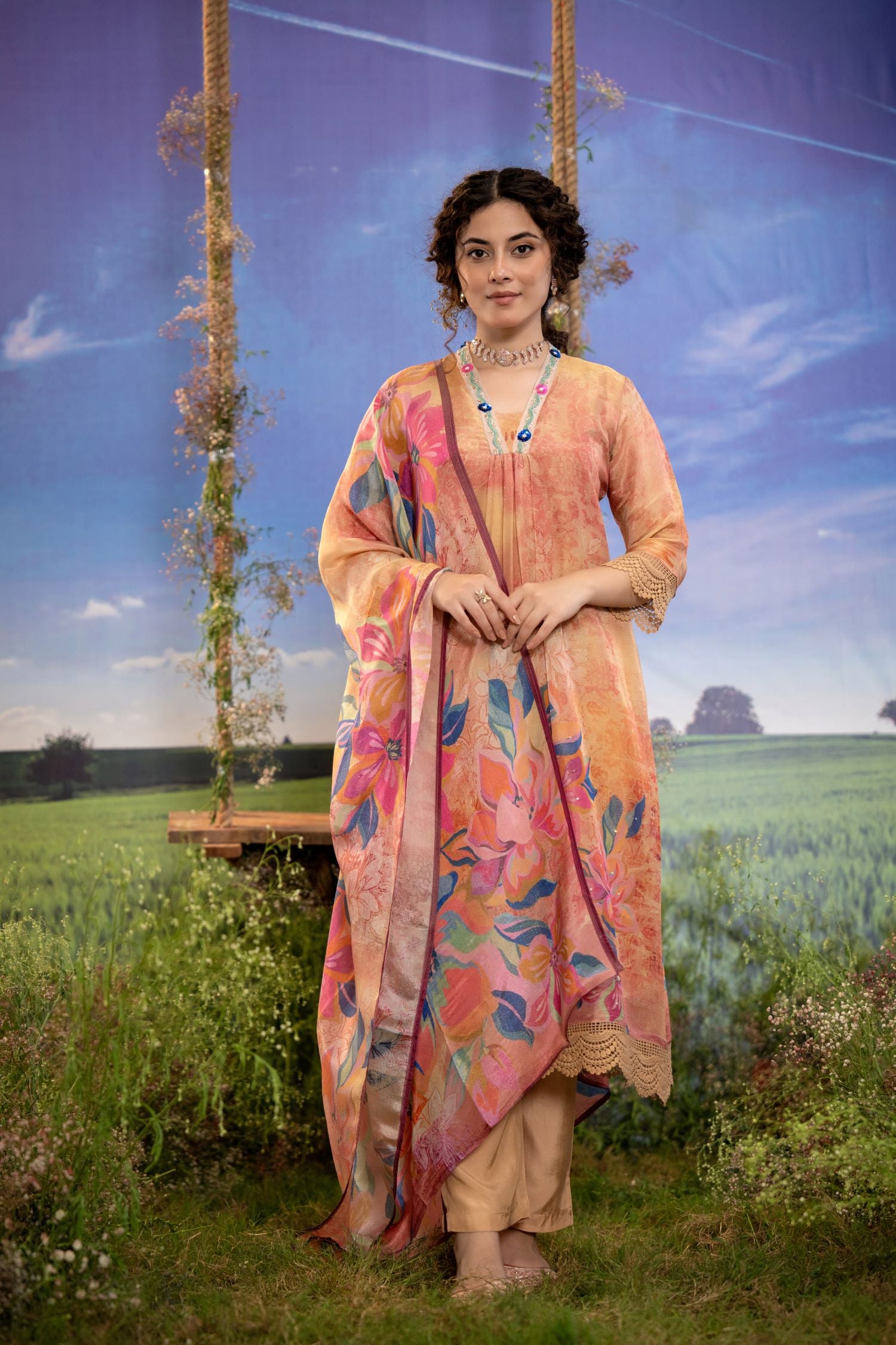 PEACH FLORAL PRINT SHIMMER TISSUE KURTA SET