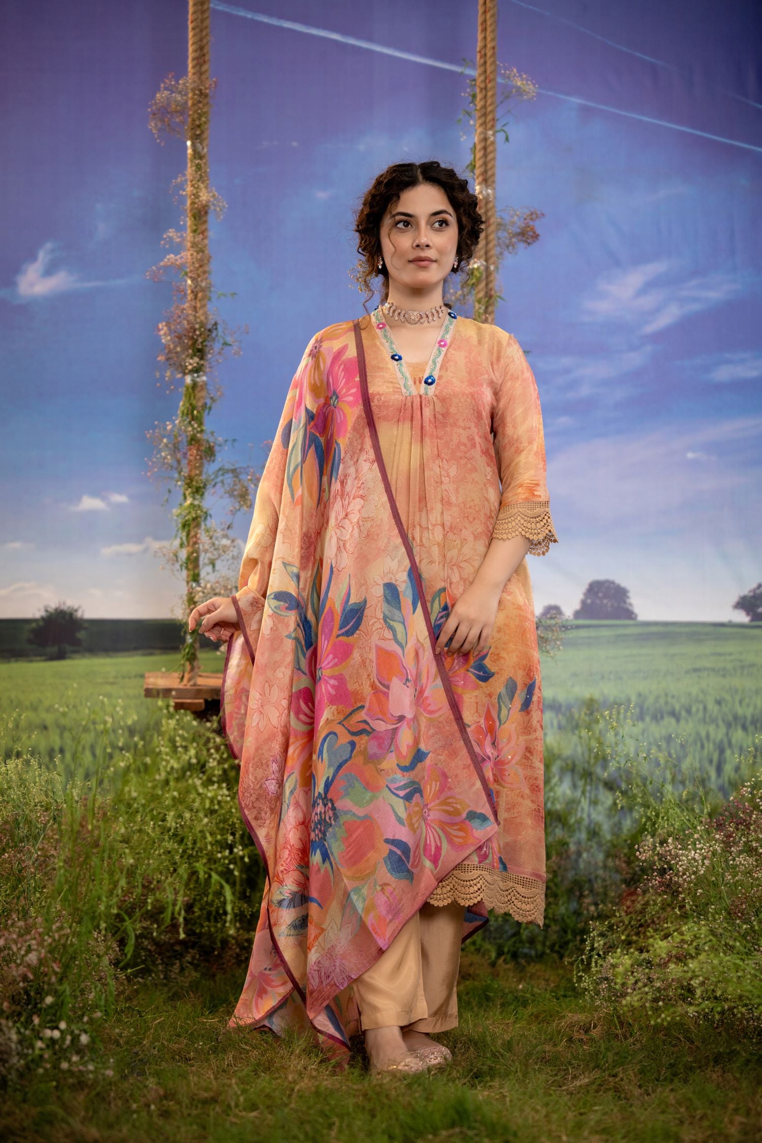 PEACH FLORAL PRINT SHIMMER TISSUE KURTA SET