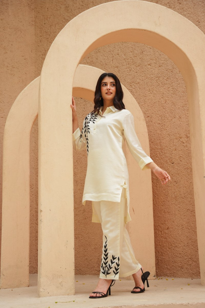 Pure Cotton Embroidered High-Low Tunic & Trouser Cord Set