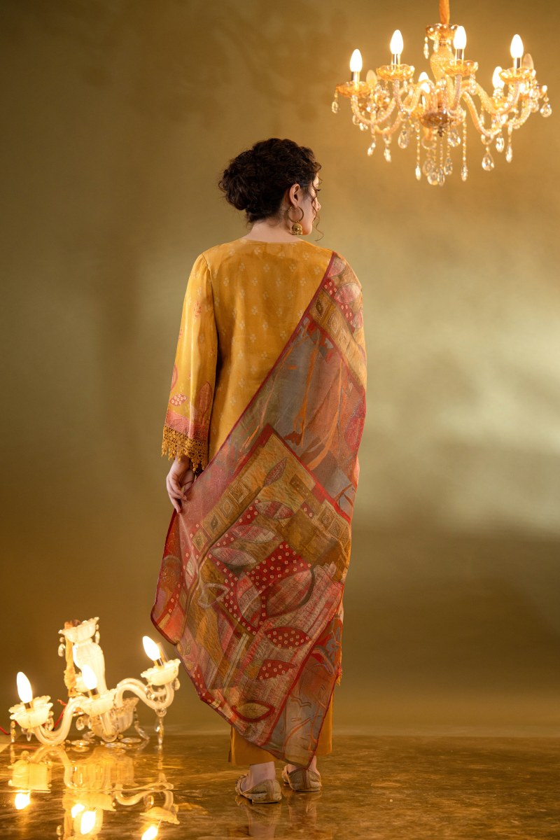 Mustard Yellow Shimmer Tissue Straight Kurta With Embellished V-Neck And Bandhani Dupatta With Ethnic Motifs