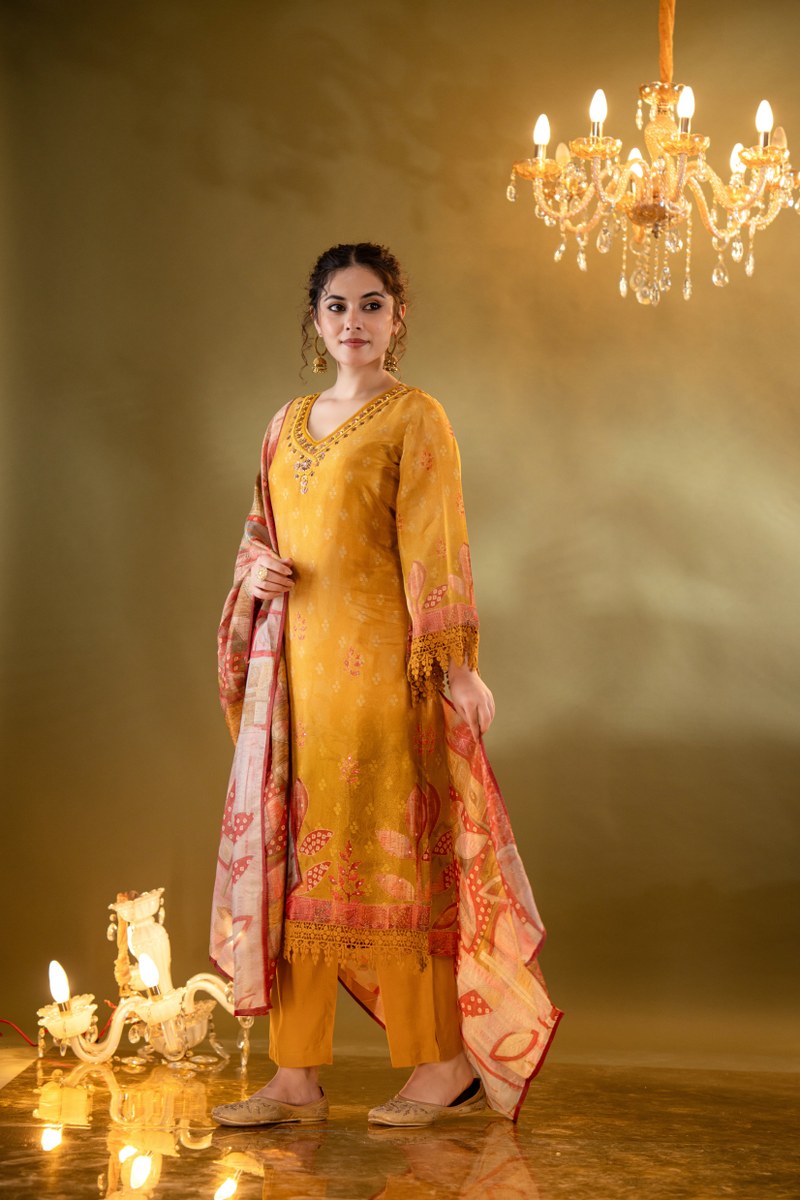 Mustard Yellow Shimmer Tissue Straight Kurta With Embellished V-Neck And Bandhani Dupatta With Ethnic Motifs