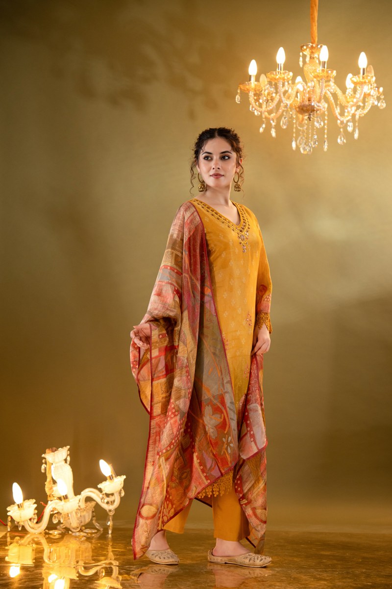 Mustard Yellow Shimmer Tissue Straight Kurta With Embellished V-Neck And Bandhani Dupatta With Ethnic Motifs