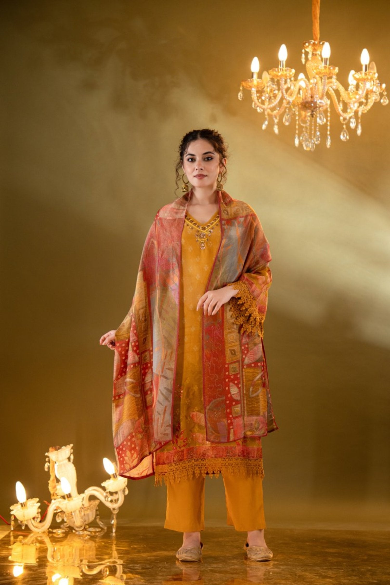 Mustard Yellow Shimmer Tissue Straight Kurta With Embellished V-Neck And Bandhani Dupatta With Ethnic Motifs