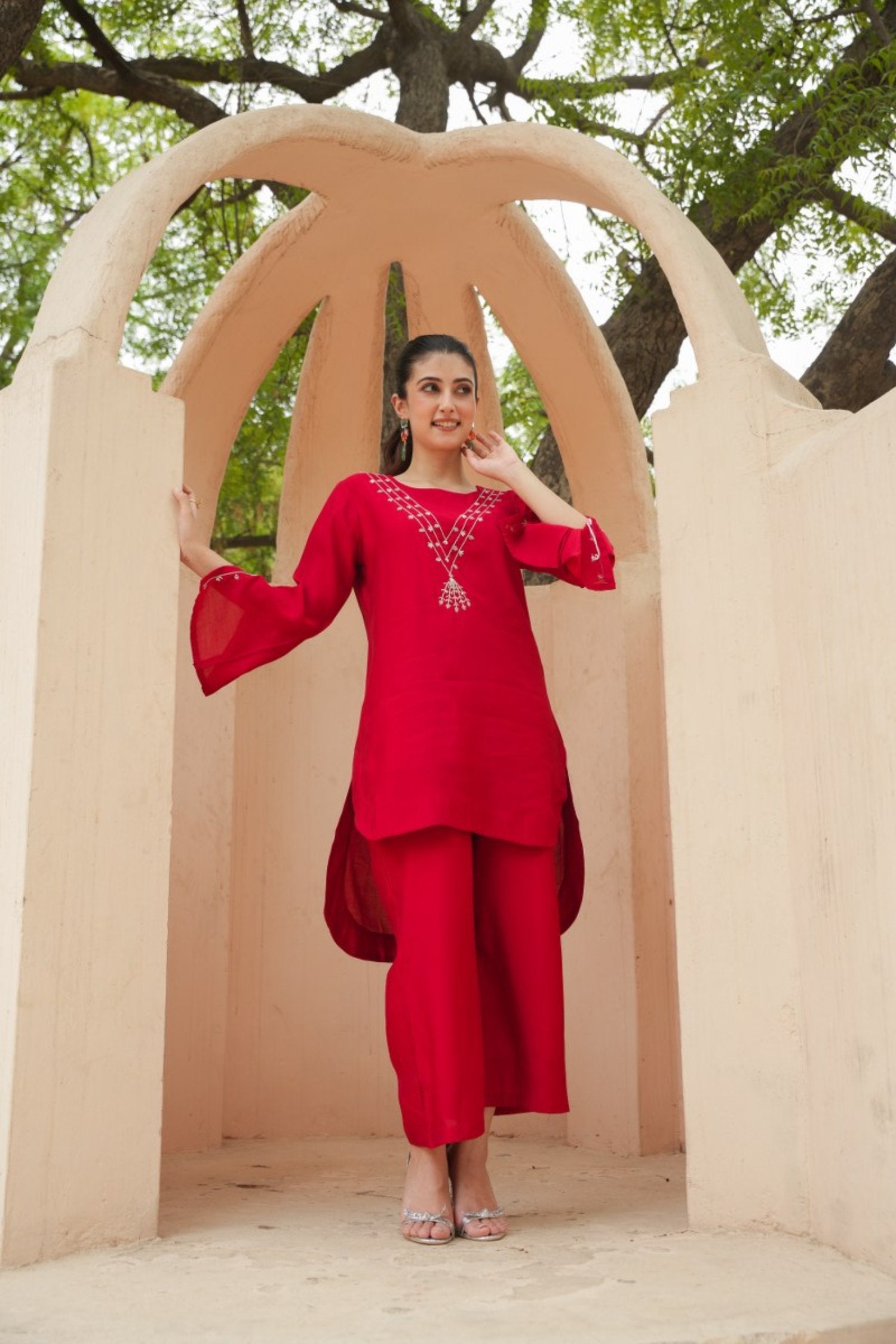 Festive Red Roman Silk Cord Set With Minimalist Embroidery And Flared Sleeves