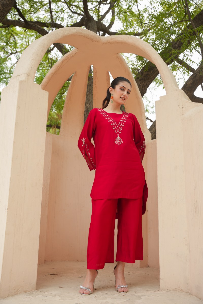 Festive Red Roman Silk Cord Set With Minimalist Embroidery And Flared Sleeves