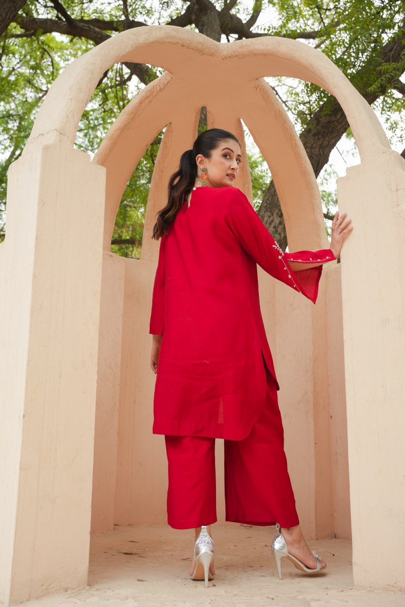 Festive Red Roman Silk Cord Set With Minimalist Embroidery And Flared Sleeves