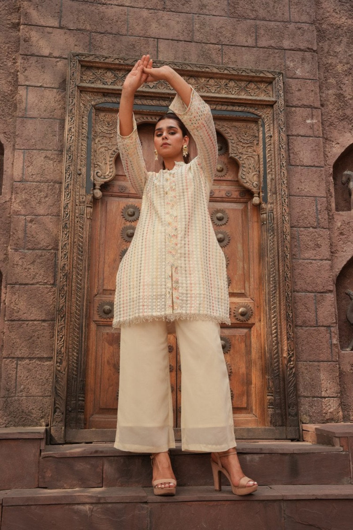 Elegant Embroidered Pastel Cord Set:Tuni Knee- Length Tunic Top With Mandarin Collar With Matching Pants