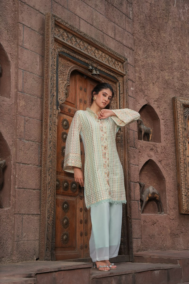 Elegant Embroidered Pastel Cord Set:Tuni Knee- Length Tunic Top With Mandarin Collar With Matching Pants