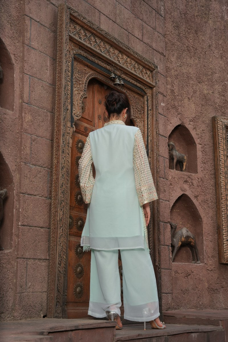 Elegant Embroidered Pastel Cord Set:Tuni Knee- Length Tunic Top With Mandarin Collar With Matching Pants