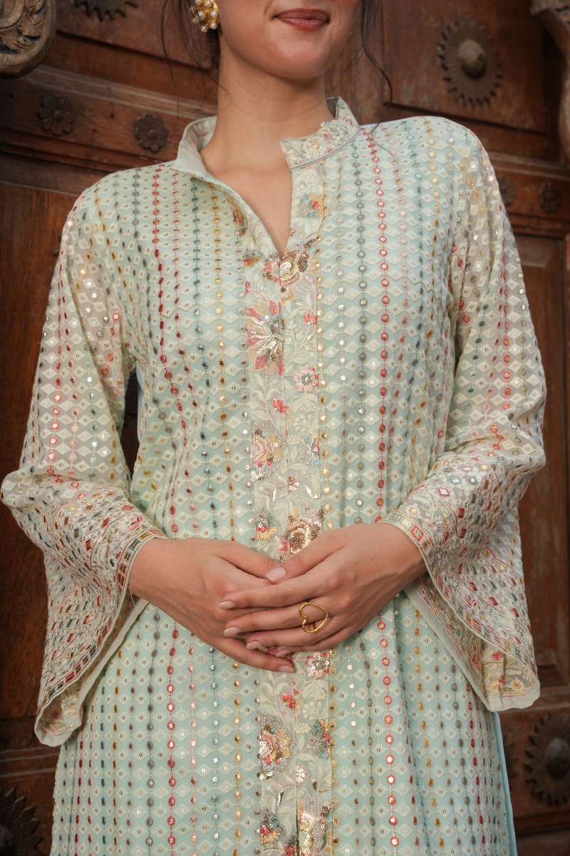 Elegant Embroidered Pastel Cord Set:Tuni Knee- Length Tunic Top With Mandarin Collar With Matching Pants