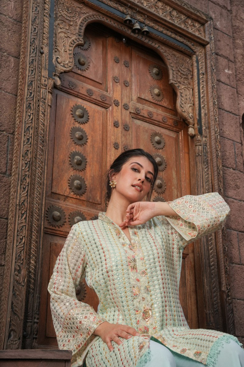 Elegant Embroidered Pastel Cord Set:Tuni Knee- Length Tunic Top With Mandarin Collar With Matching Pants