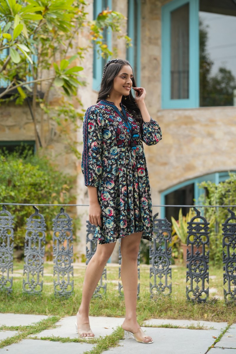 Tie-U Multicolor Floral Print Cotton Tunic Dress