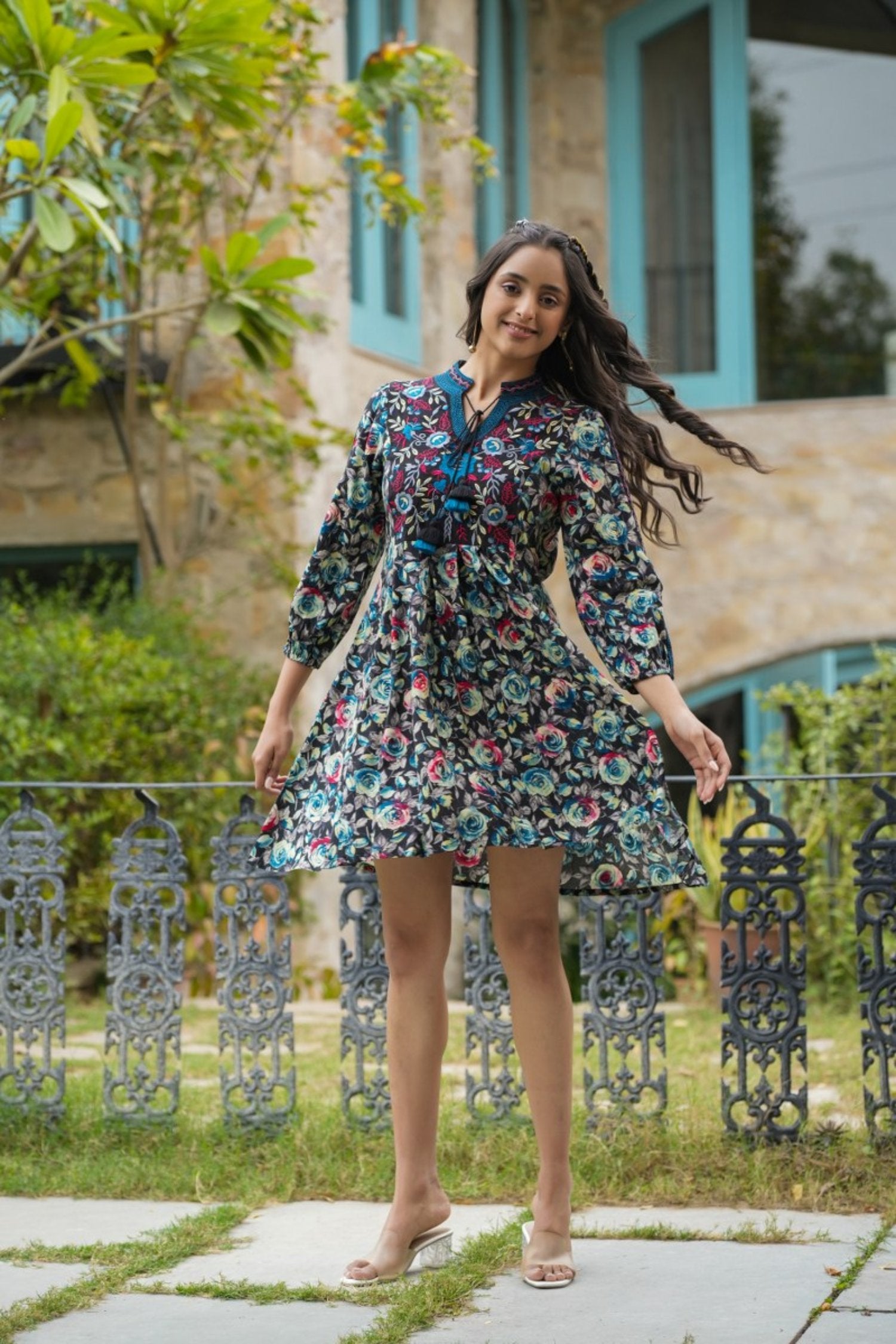 Tie-U Multicolor Floral Print Cotton Tunic Dress