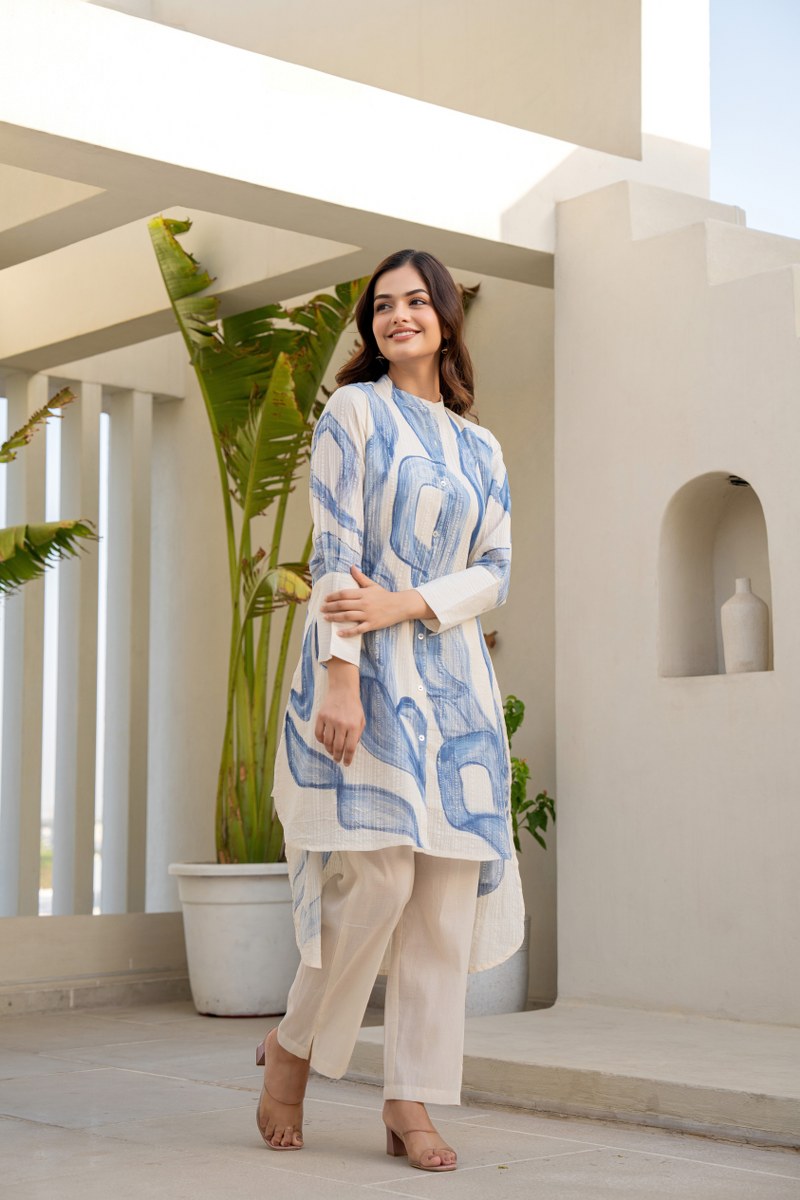 WHITE & BLUE ABSTRACT PRINT A-LINE TUNIC WITH STRAIGHT PANTS SET