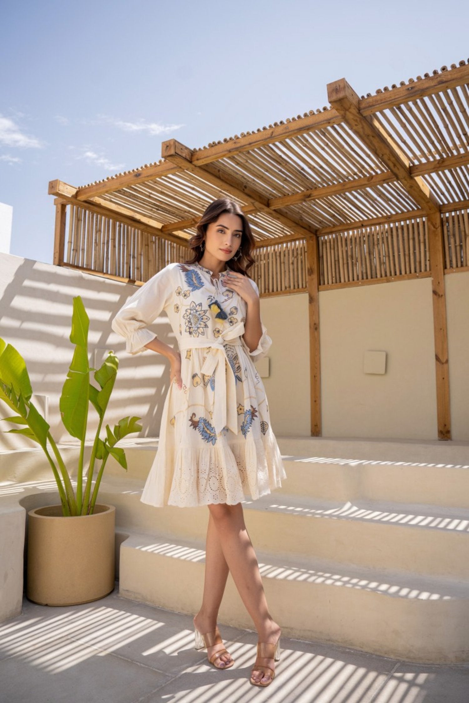 OFF- WHITE COTTON OCEAN BLUE MARIGOLD PRINTED TUNIC DRESS