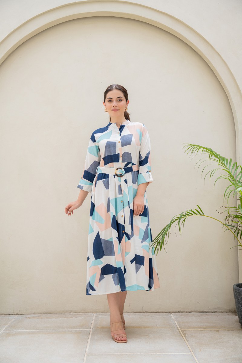 Geometric Print A Line Midi Dress with Belted waist and roll up sleeve