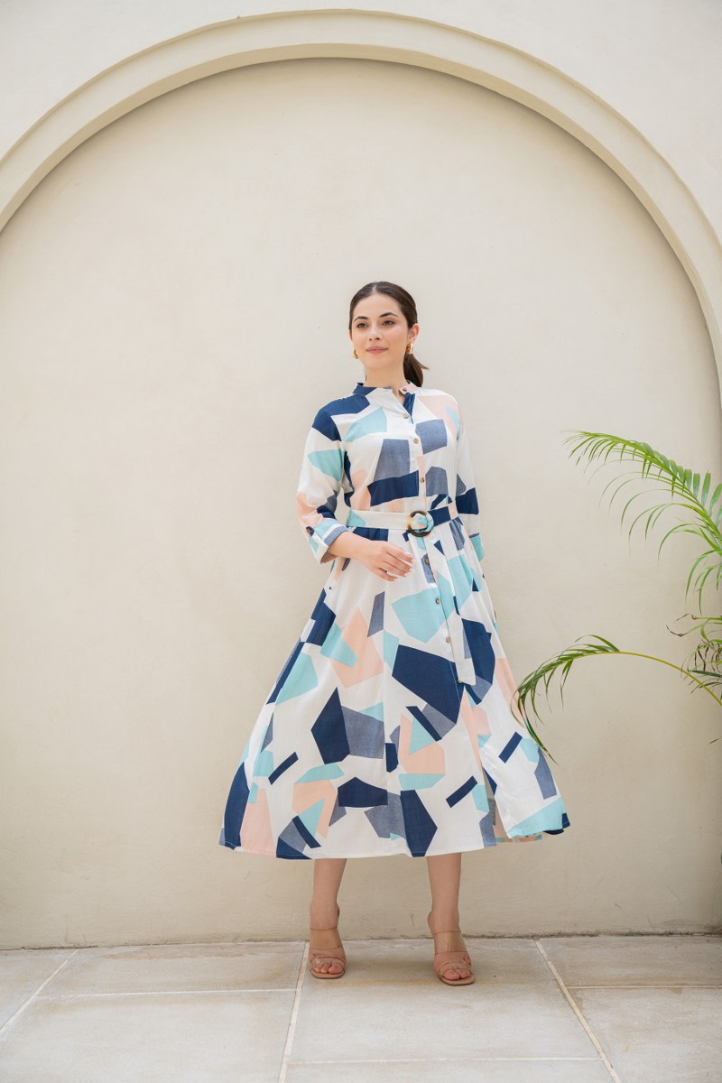 Geometric Print A Line Midi Dress with Belted waist and roll up sleeve