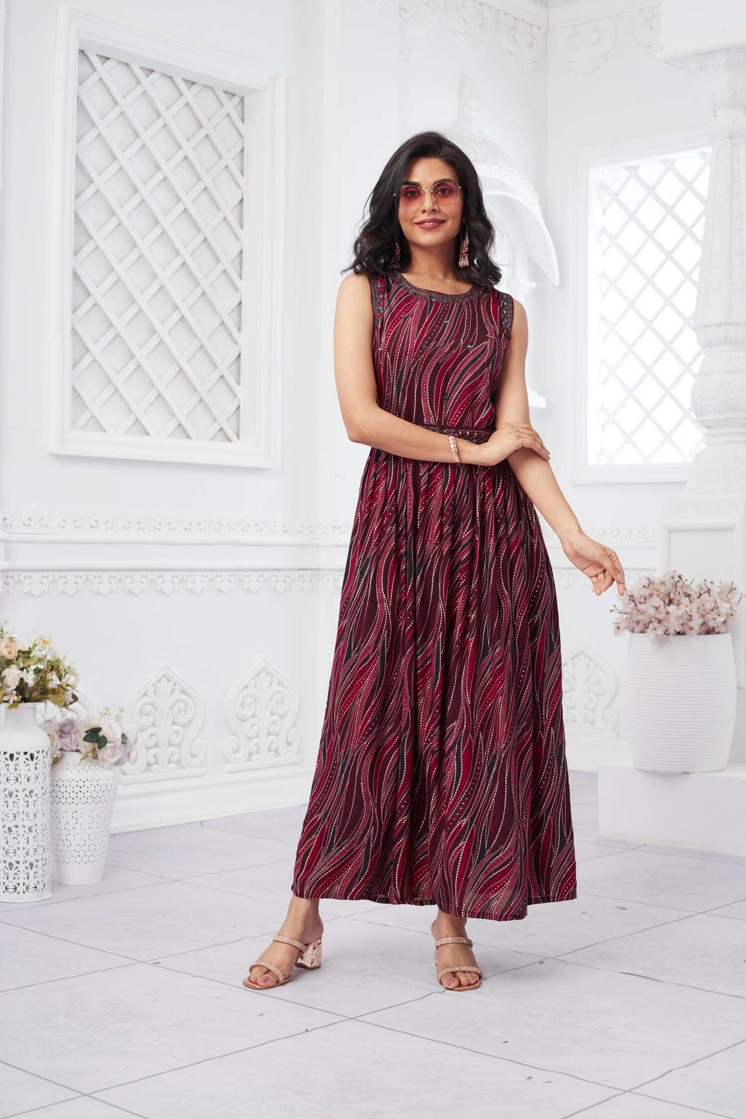 Rayon Sleeveless foil print ethnic dress