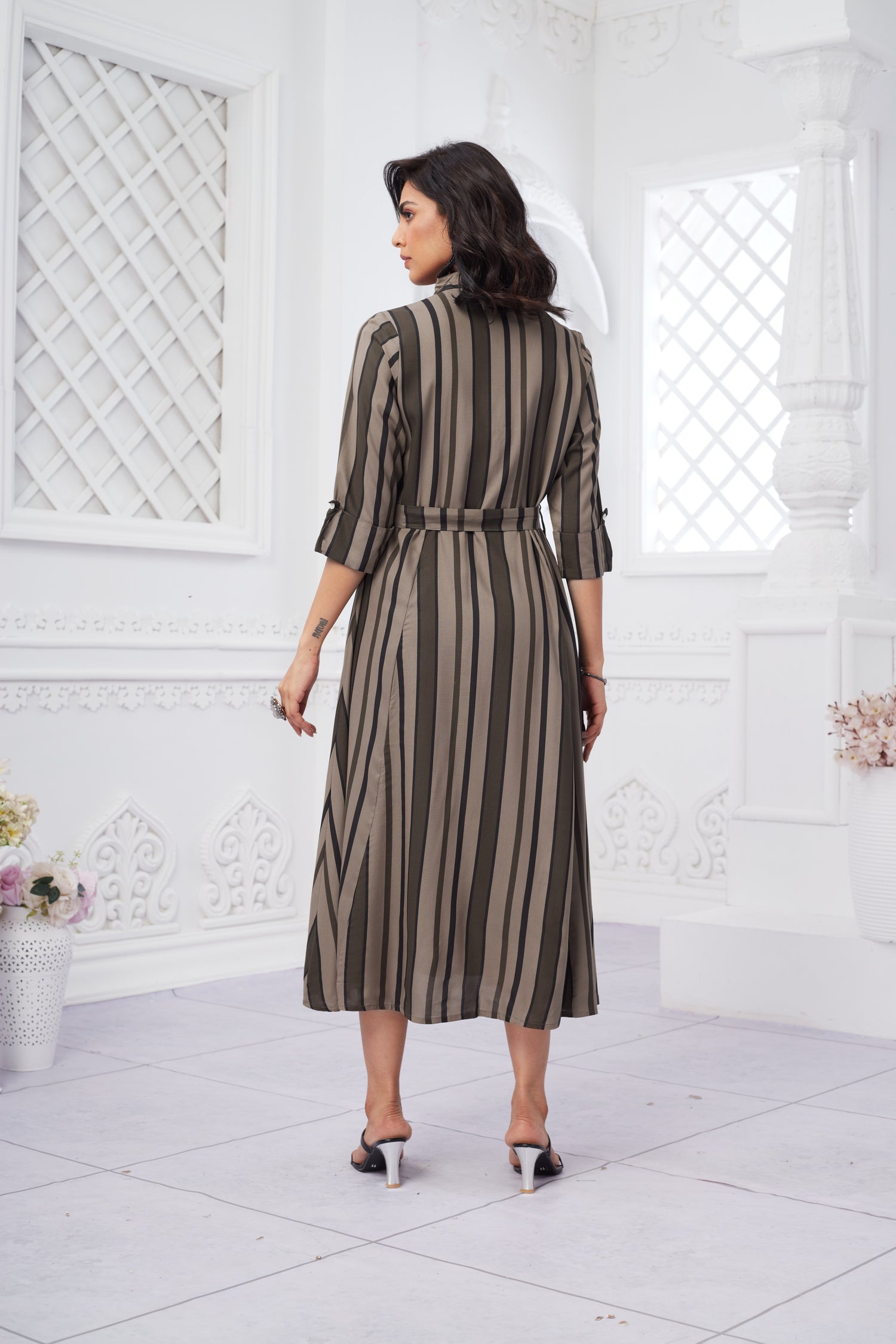 Formal Wear Stripped Collared Midi Dress with Belt