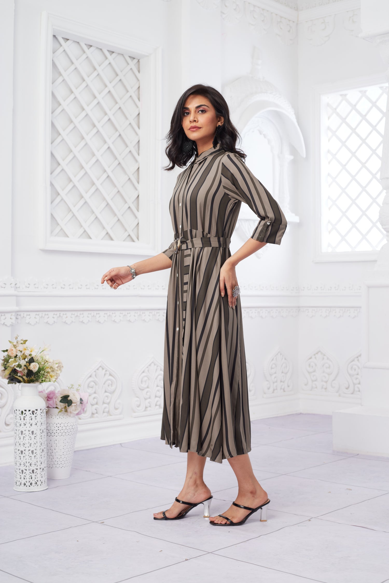 Formal Wear Stripped Collared Midi Dress with Belt