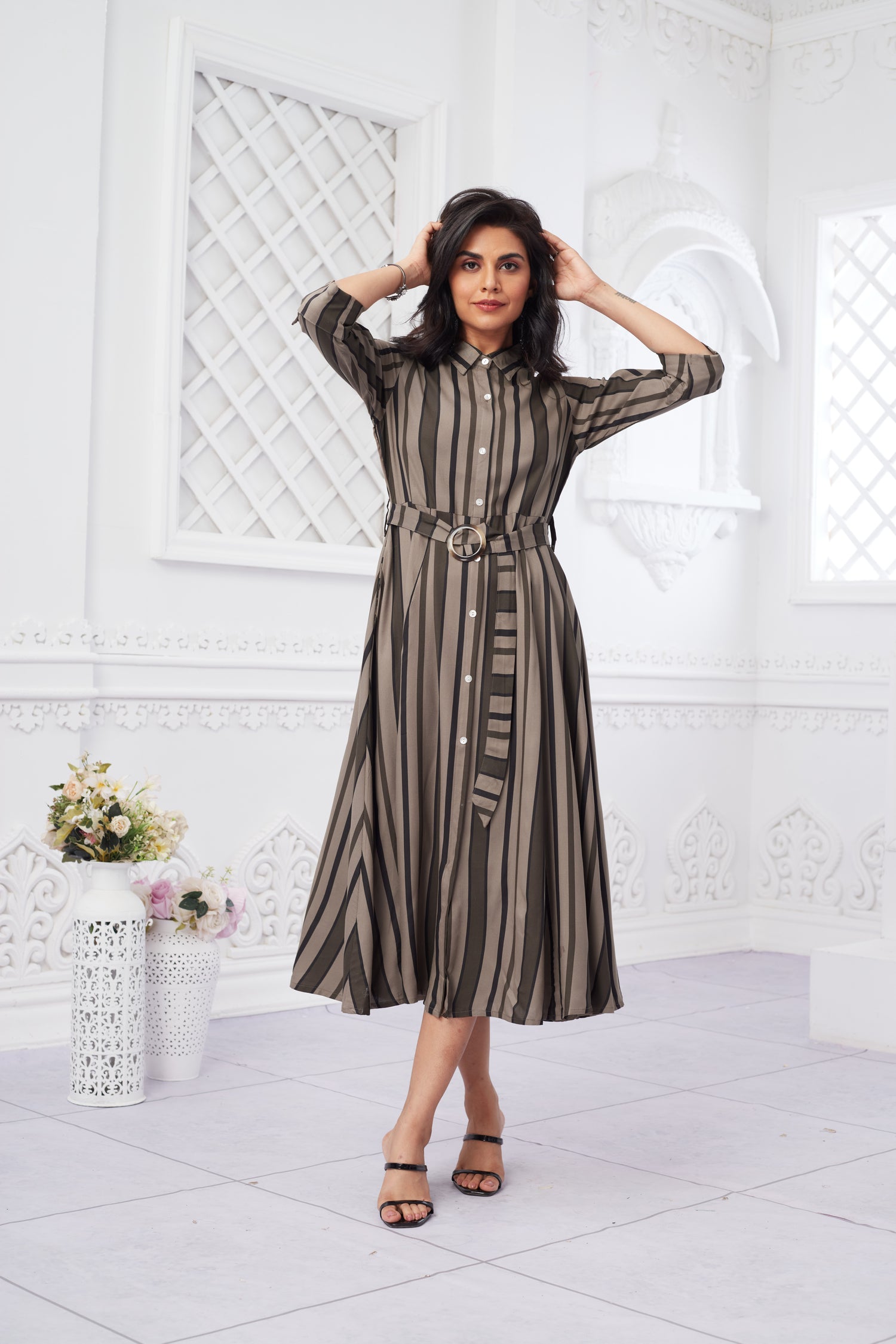 Formal Wear Stripped Collared Midi Dress with Belt