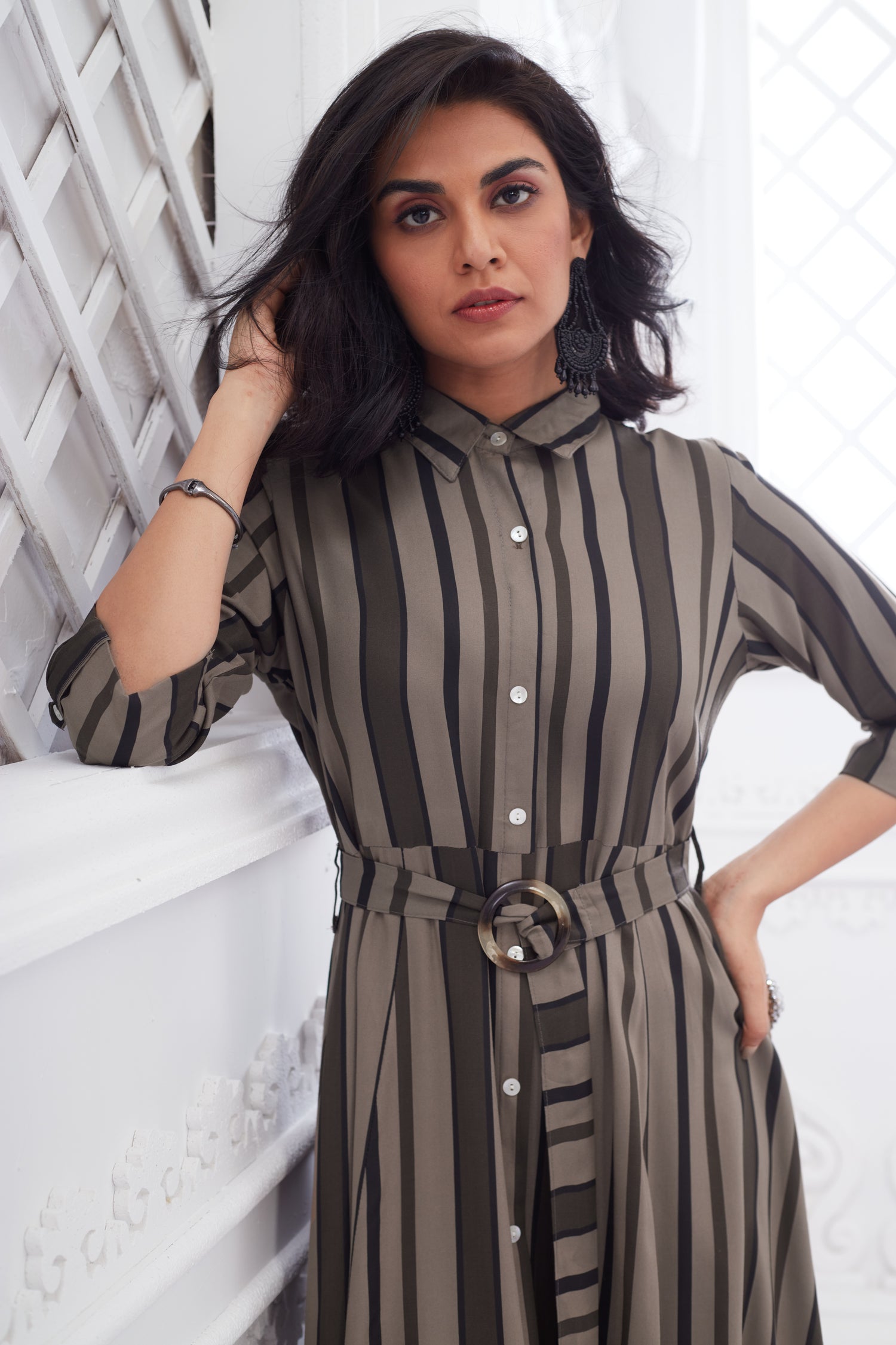 Formal Wear Stripped Collared Midi Dress with Belt