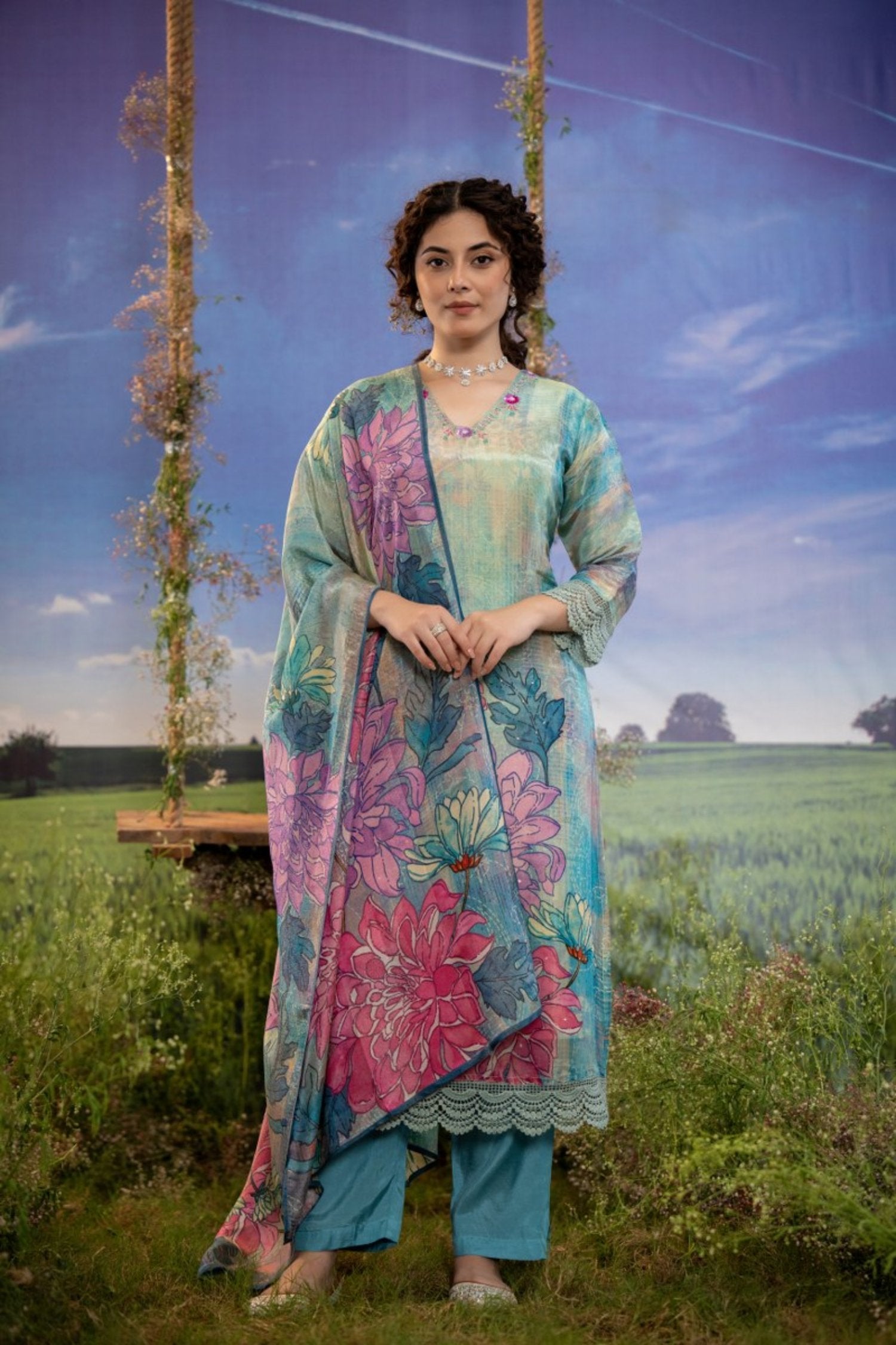 DIGITAL FLORAL PRINT V-NECK KURTA WITH LACE HEM & STRAIGHT PANT SET